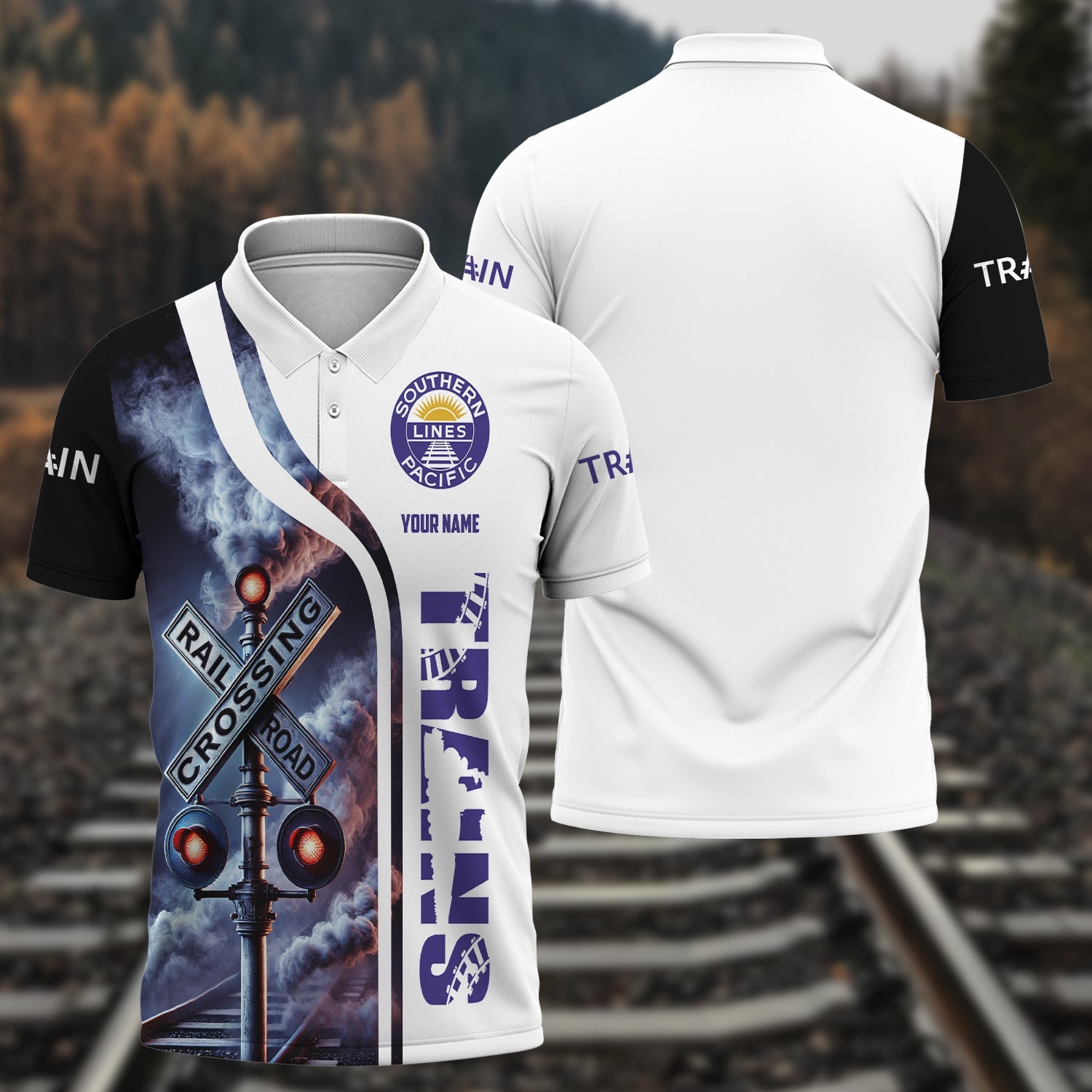 Railspirit Personalized Southern Pacific Railroad Polo Shirt Crossing Railroad Sign American Locomotive Train Shirt All Over Print