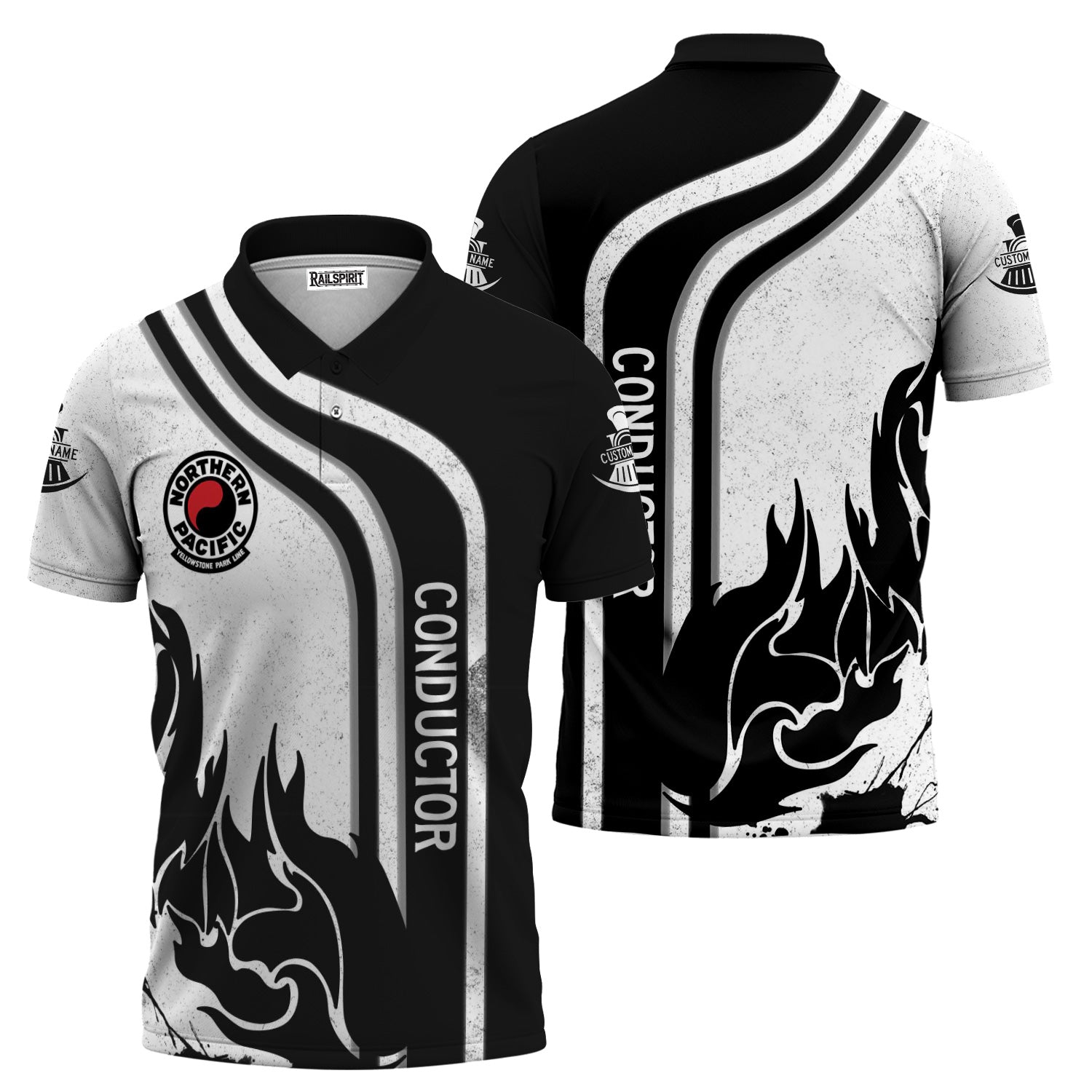 Railspirit Personalized Northern Pacific Railway Polo Shirt Flame Design with Custom Job Position Train Shirt