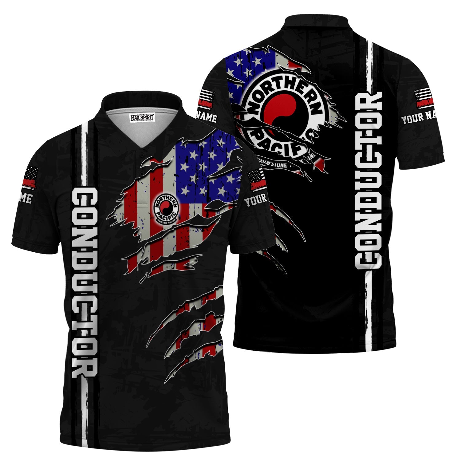 Railspirit Personalized Northern Pacific Railway Polo Shirt USA Flag Claw Art with Custom Job Train Shirt