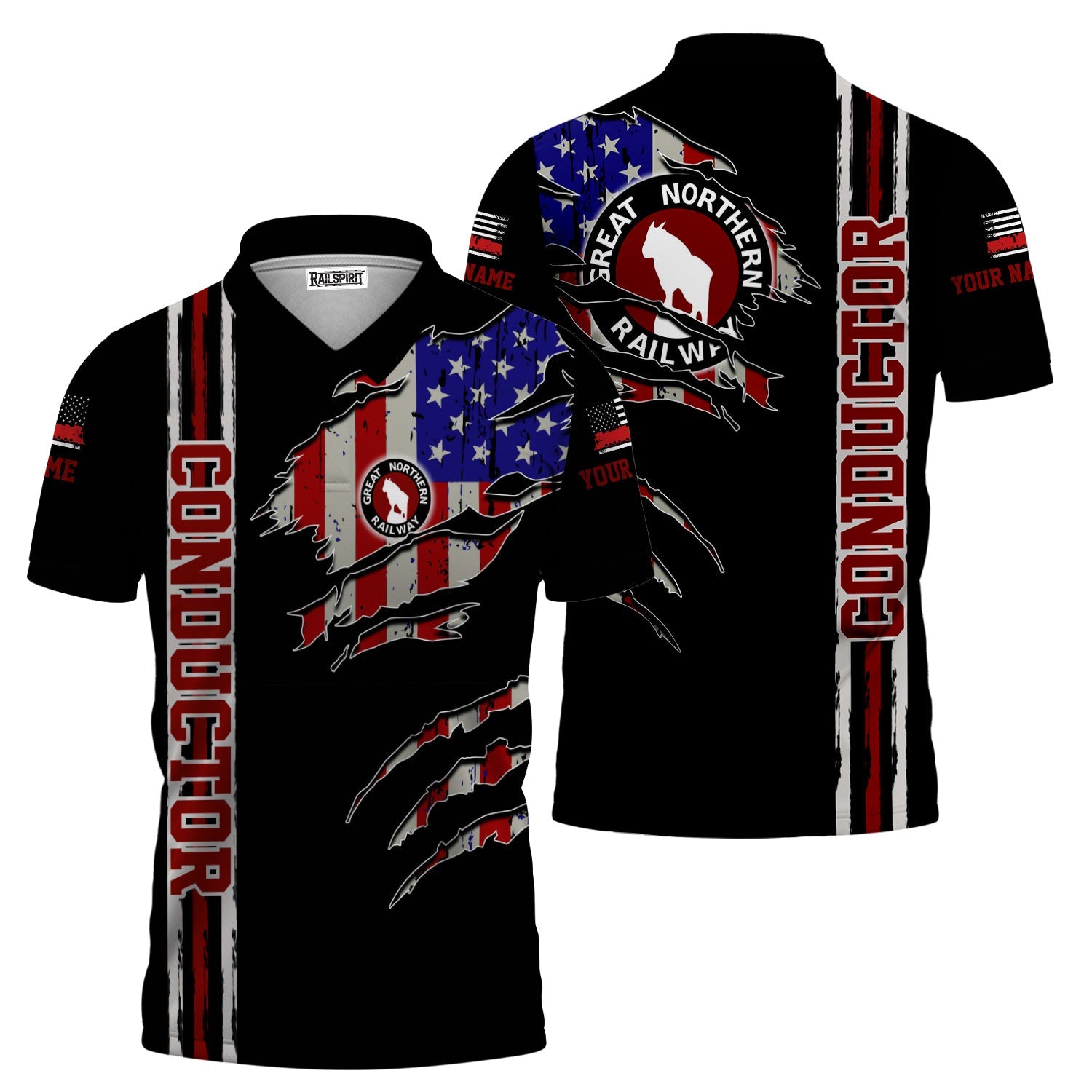 Railspirit Personalized Great Northern Railway Polo Shirt USA Flag Claw Art with Custom Job GNR Train Shirt