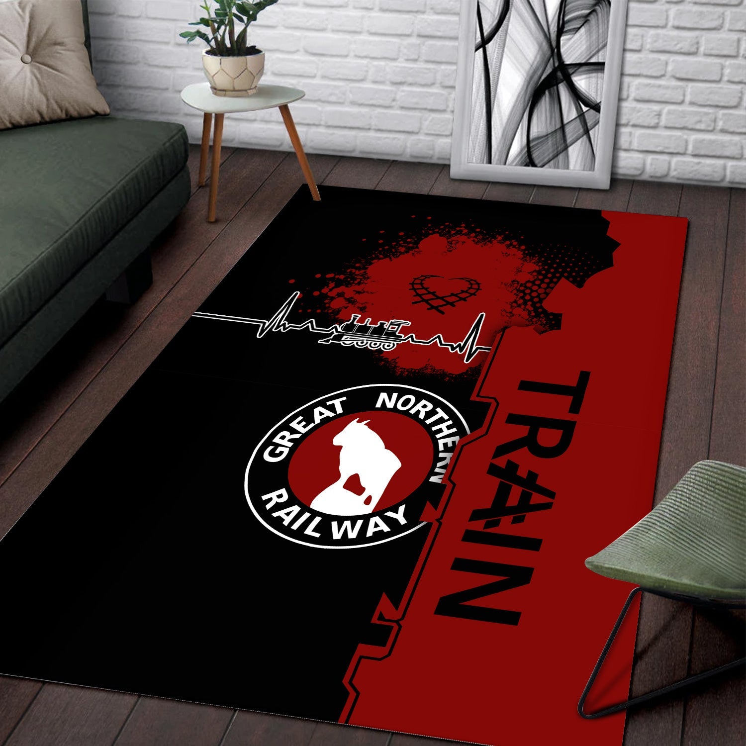 Railspirit Great Northern Railway Area Rug Engine Heartbeat and Track Love Style GNR Rug Gift Idea For Train Lovers