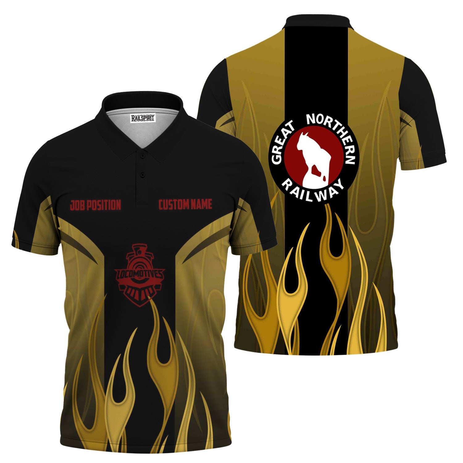 Railspirit Custom Name and Job Title Great Northern Railway Polo Shirt Flame Graphic GNR Train Shirt
