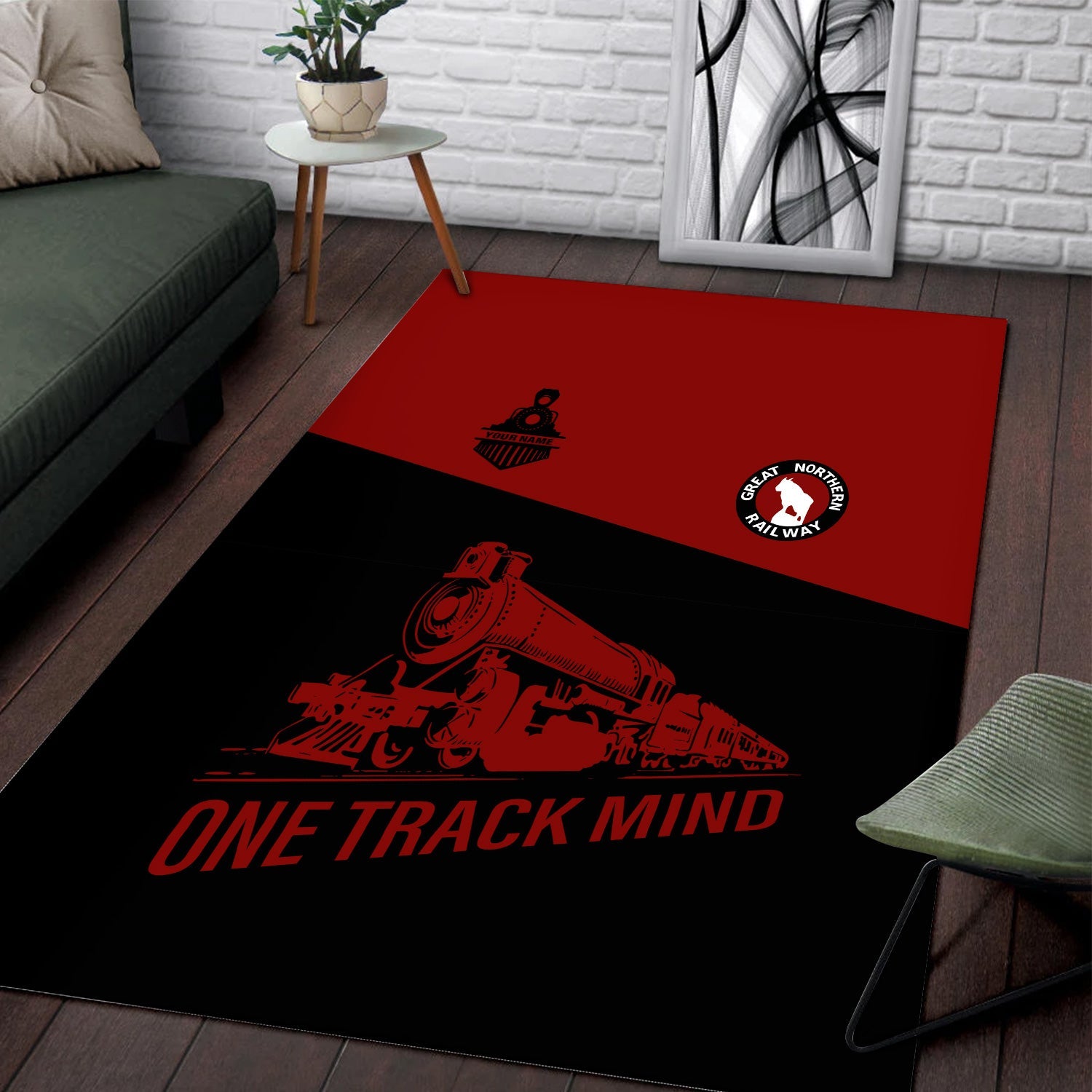 Railspirit Personalized Great Northern Railway Area Rug One Track Mind GNR Train Rug Gift Idea For Train Lover