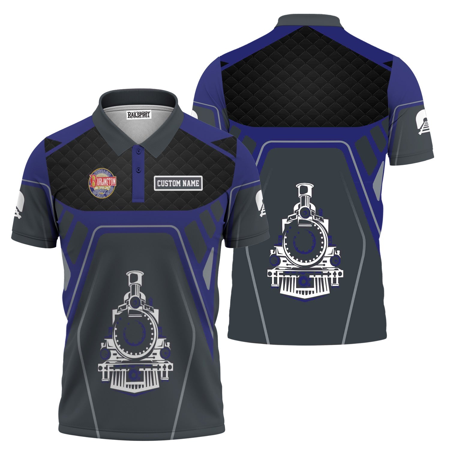 Railspirit Personalized Chicago, Burlington and Quincy Railroad Polo Shirt Steam Locomotive Engine Graphic Train Shirt All Over Print