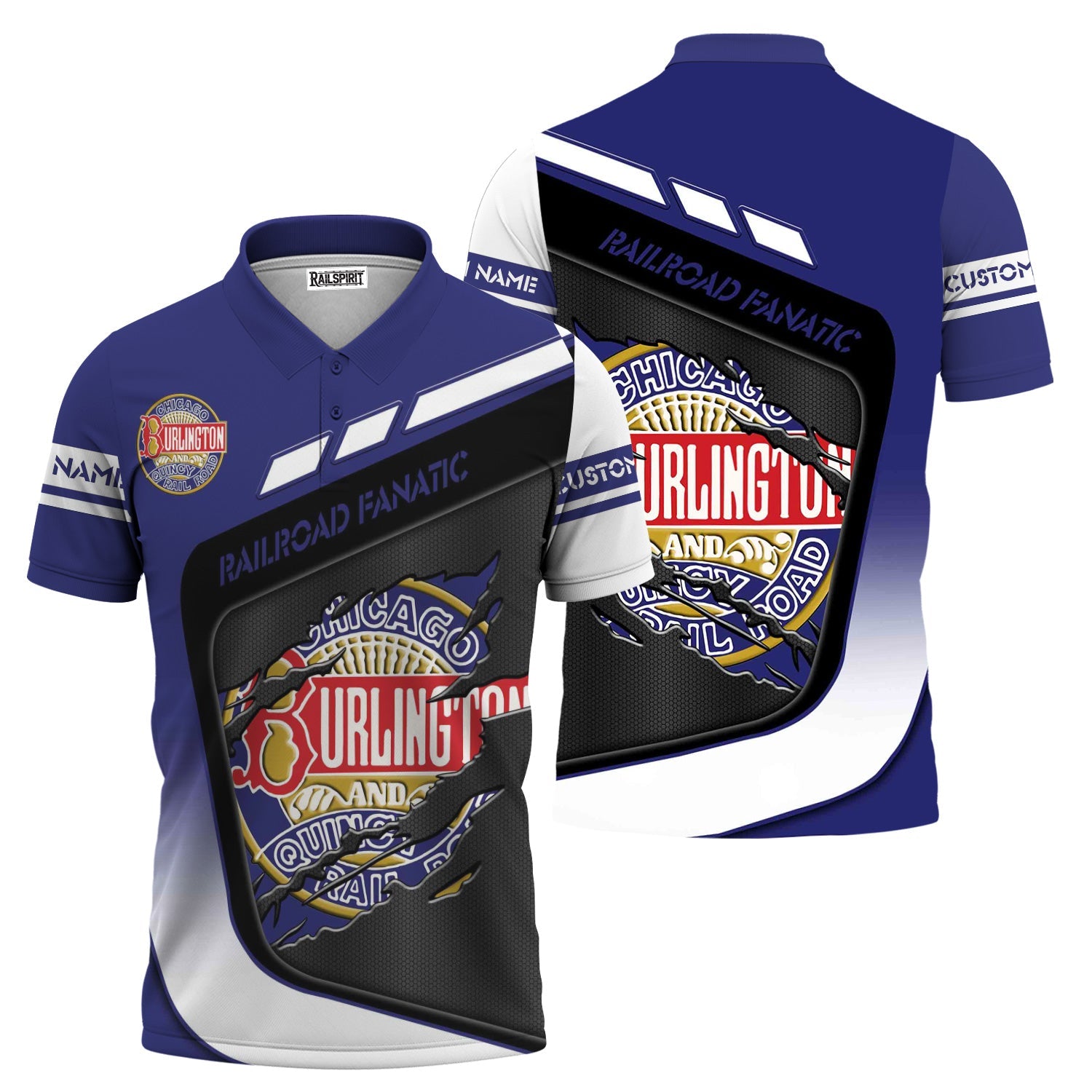 Railspirit Personalized Chicago, Burlington and Quincy Railroad Polo Shirt Ripped Texture Style Train Shirt For Railroad Fanatic
