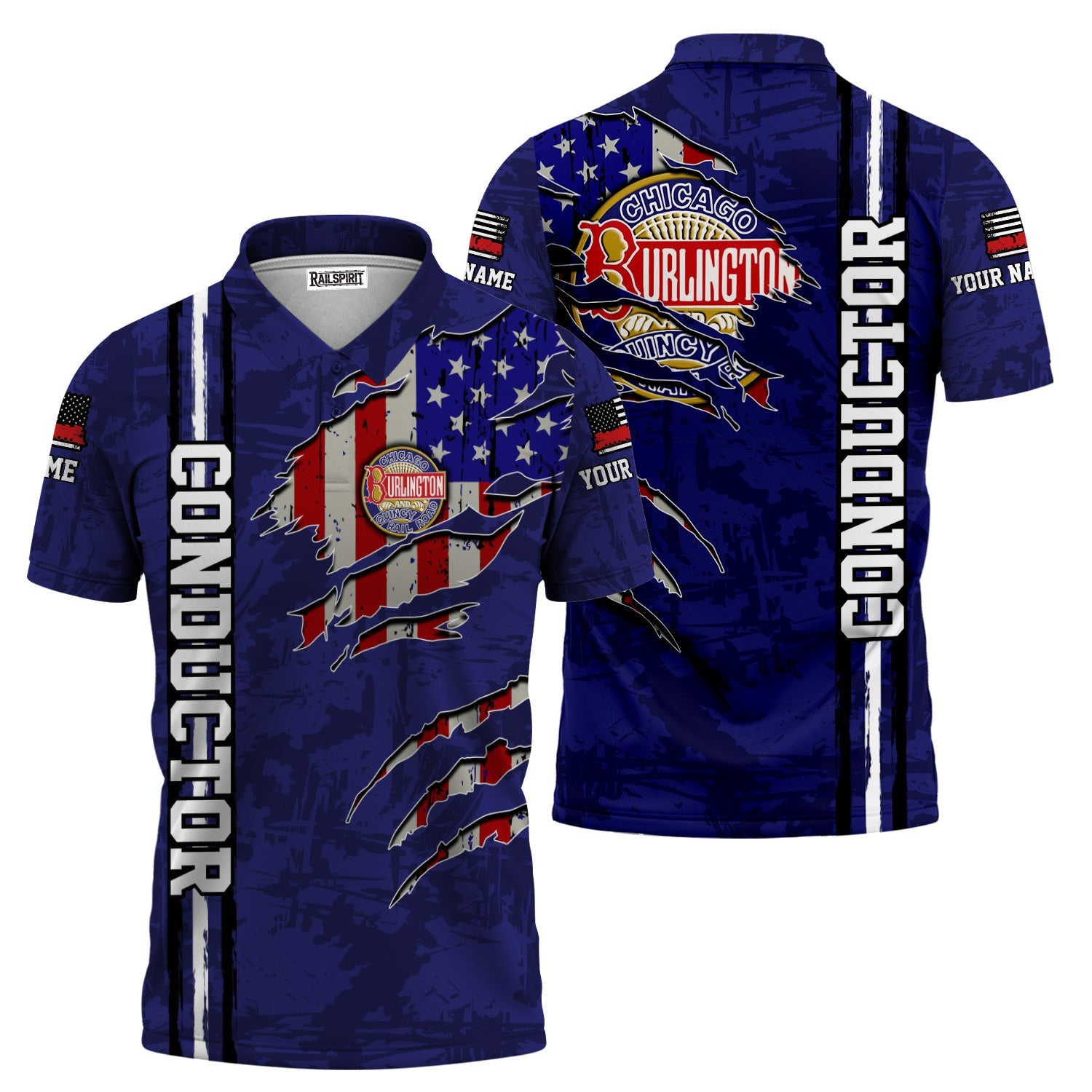 Railspirit Personalized Chicago, Burlington and Quincy Railroad Polo Shirt USA Flag Claw Art with Custom Job Train Shirt