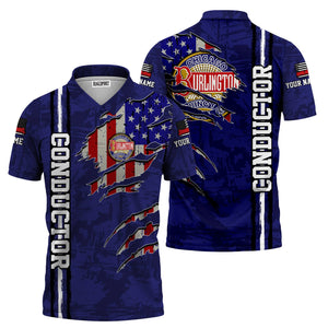 Railspirit Personalized Chicago, Burlington and Quincy Railroad Polo Shirt USA Flag Claw Art with Custom Job Train Shirt