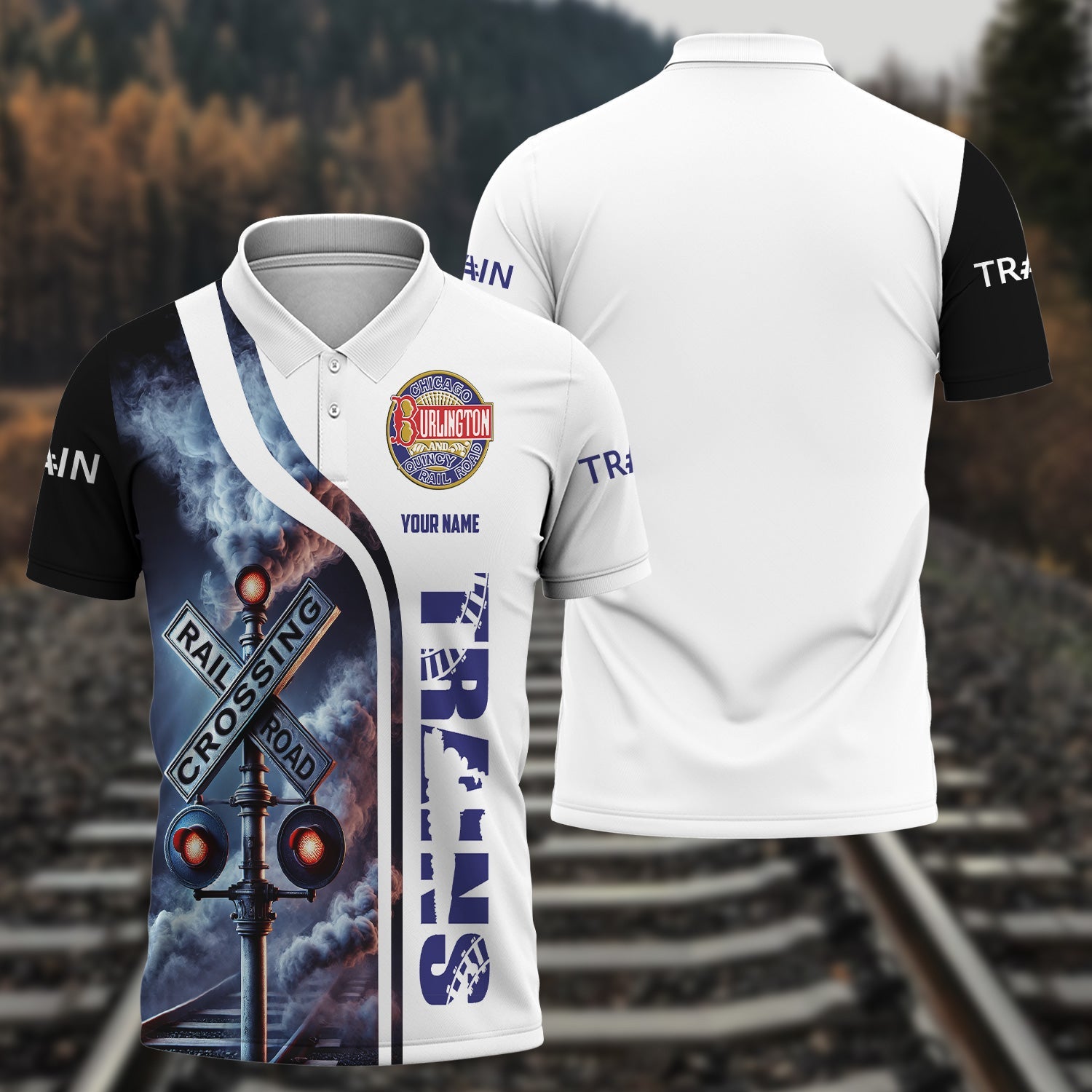 Railspirit Personalized Chicago, Burlington and Quincy Railroad Polo Shirt Crossing Railroad Sign American Locomotive Train Shirt All Over Print