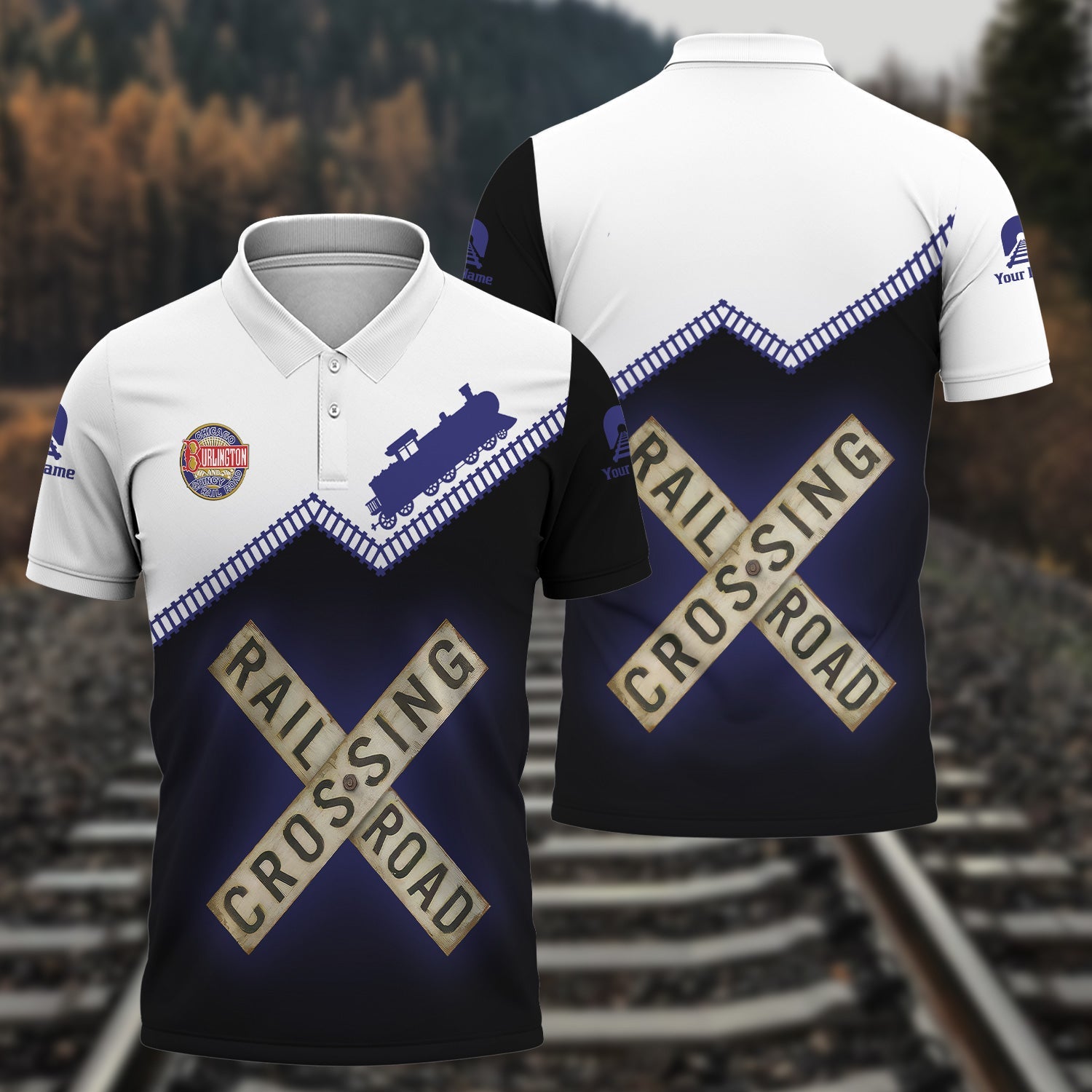 Railspirit Personalized Chicago, Burlington and Quincy Railroad Polo Shirt Railroad Crossing  Printed Train Track Shirt