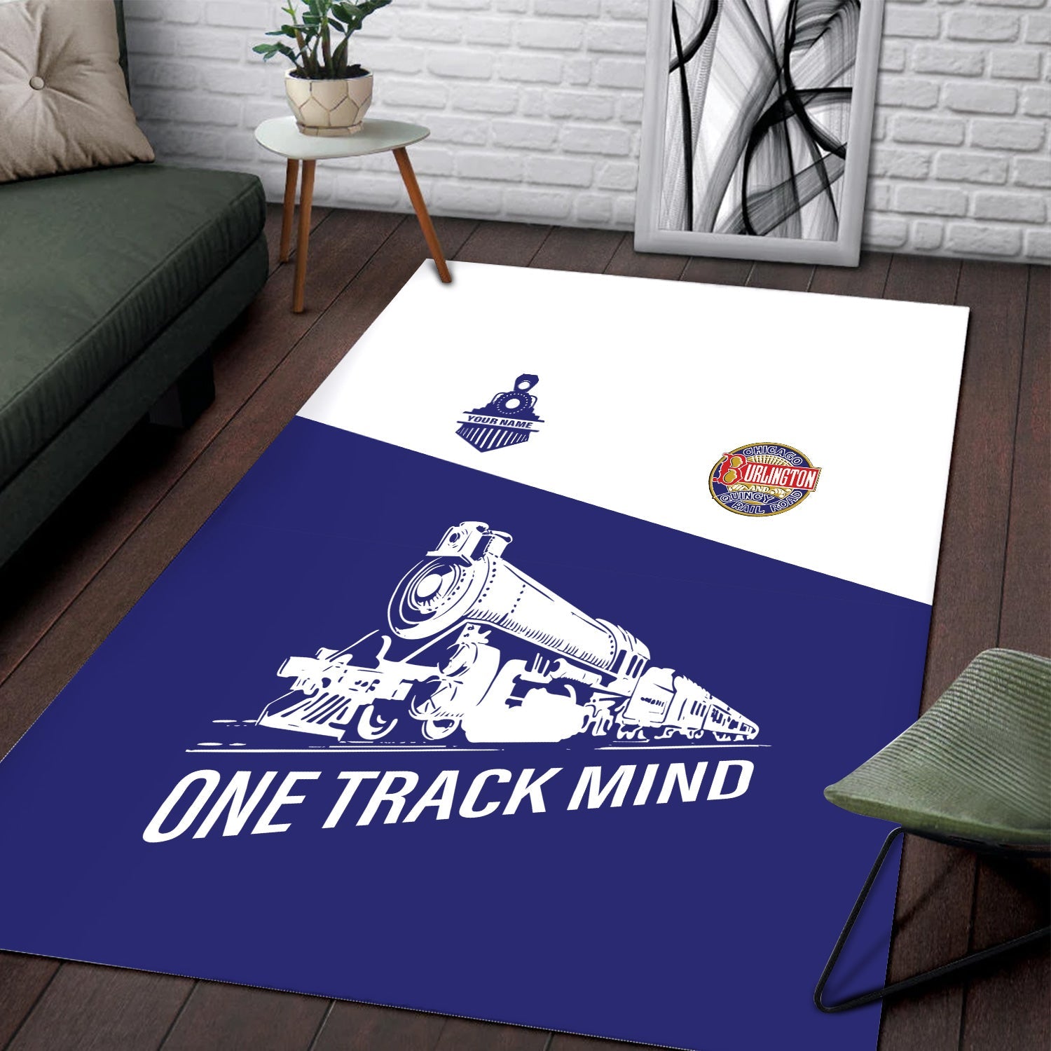 Railspirit Personalized Chicago, Burlington and Quincy Railroad Area Rug One Track Mind Train Rug Gift Idea For Train Lover