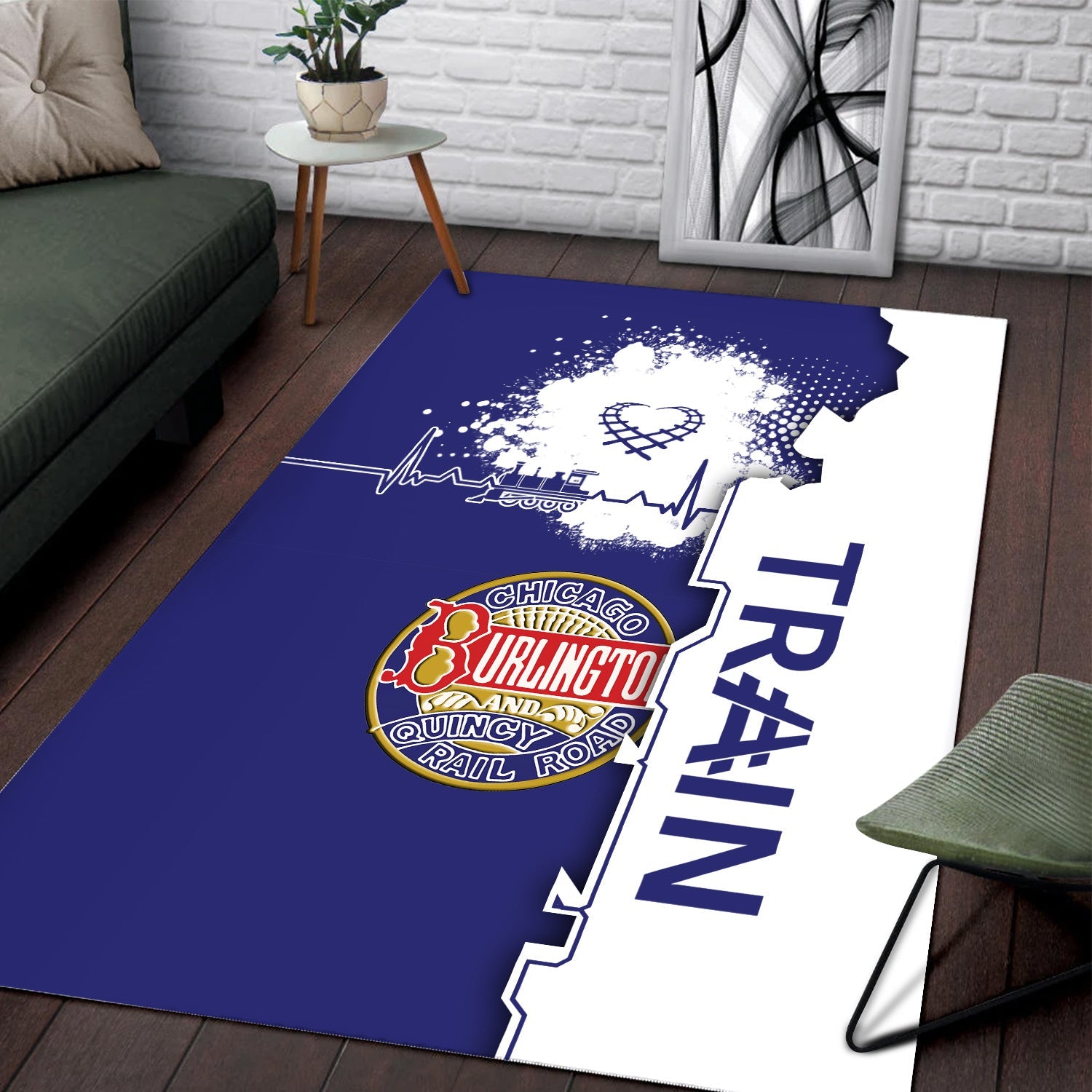 Railspirit Chicago, Burlington and Quincy Railroad Area Rug Engine Heartbeat and Track Love Style Rug Gift Idea For Train Lovers