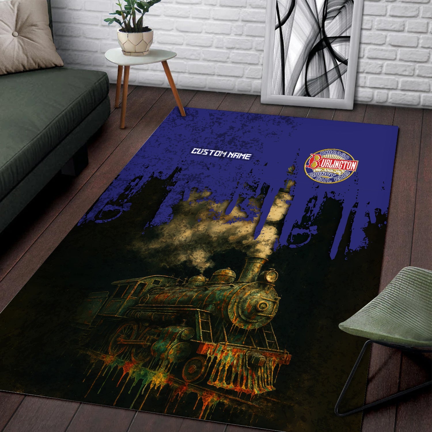 Railspirit Personalized Chicago, Burlington and Quincy Railroad Area Rug Vintage Train Art Style Rug For Locomotive Fans