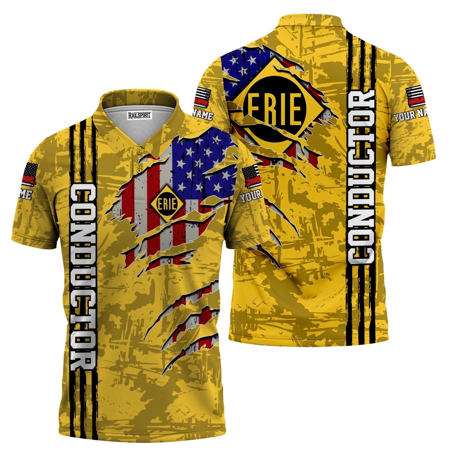 Railspirit Personalized Erie Railroad Polo Shirt USA Flag Claw Art with Custom Job Train Shirt