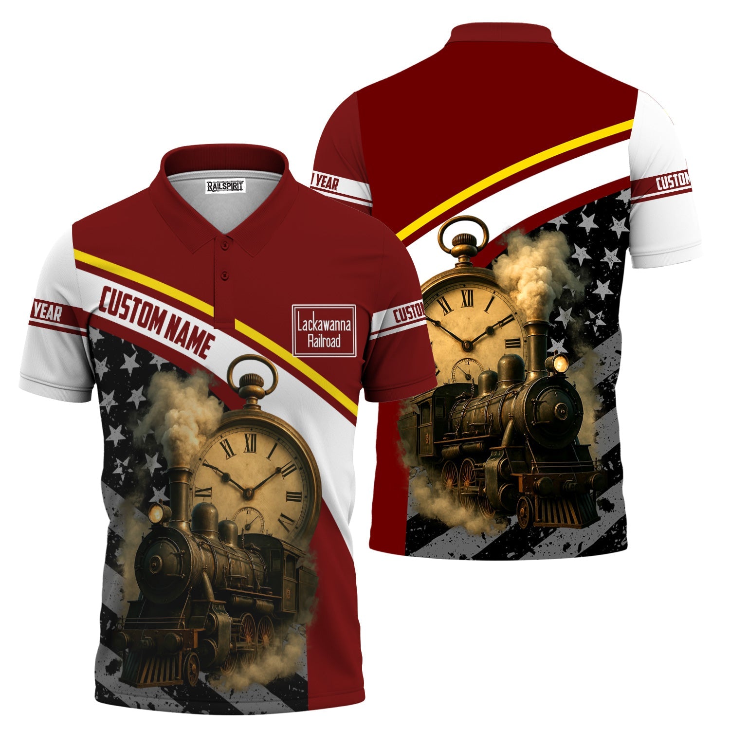 Railspirit Personalized Delaware, Lackawanna and Western Railroad Polo Shirt Classic Steam Engine With Retro Pocket Watch DL&W Shirt All Over Print