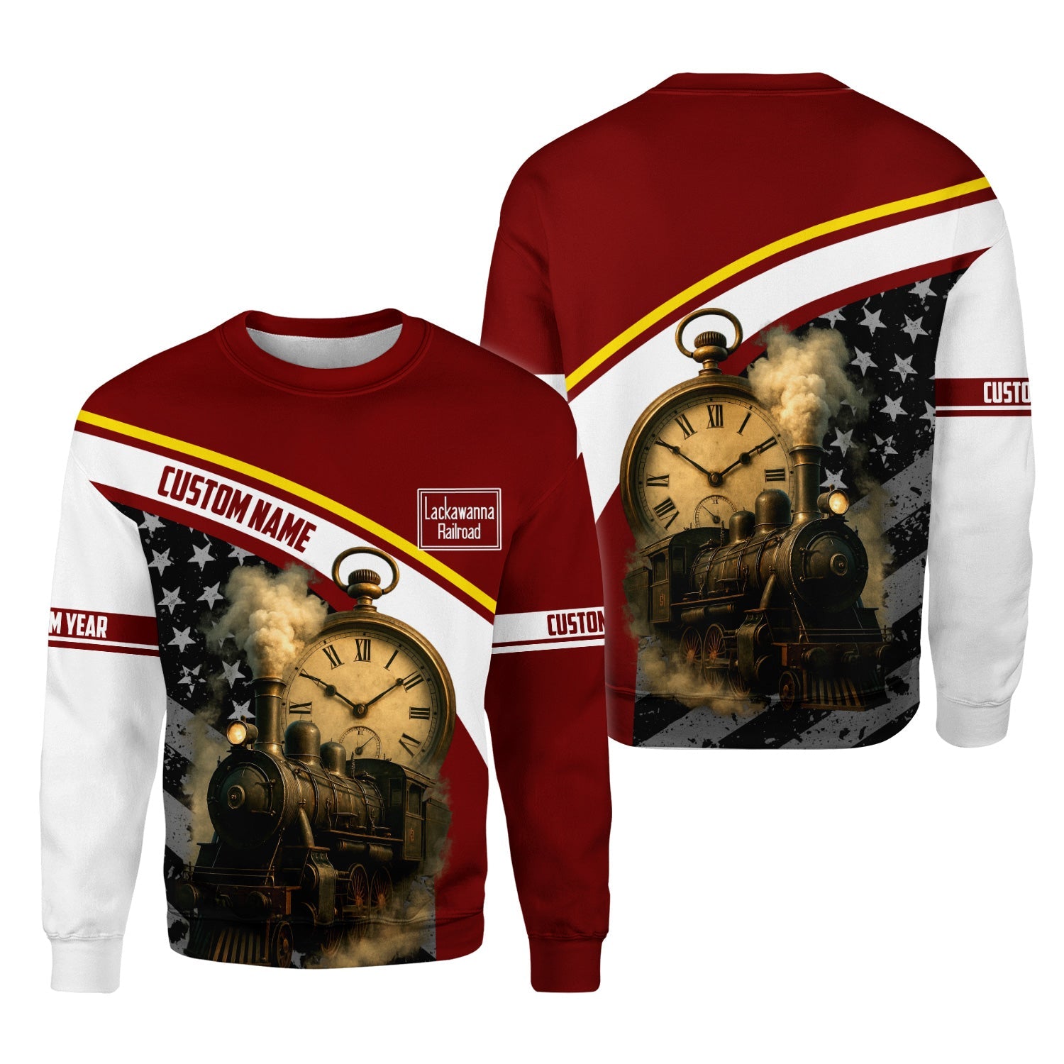 Railspirit Personalized Delaware, Lackawanna and Western Railroad Sweatshirt Classic Steam Engine With Retro Pocket Watch DL&W Shirt All Over Print