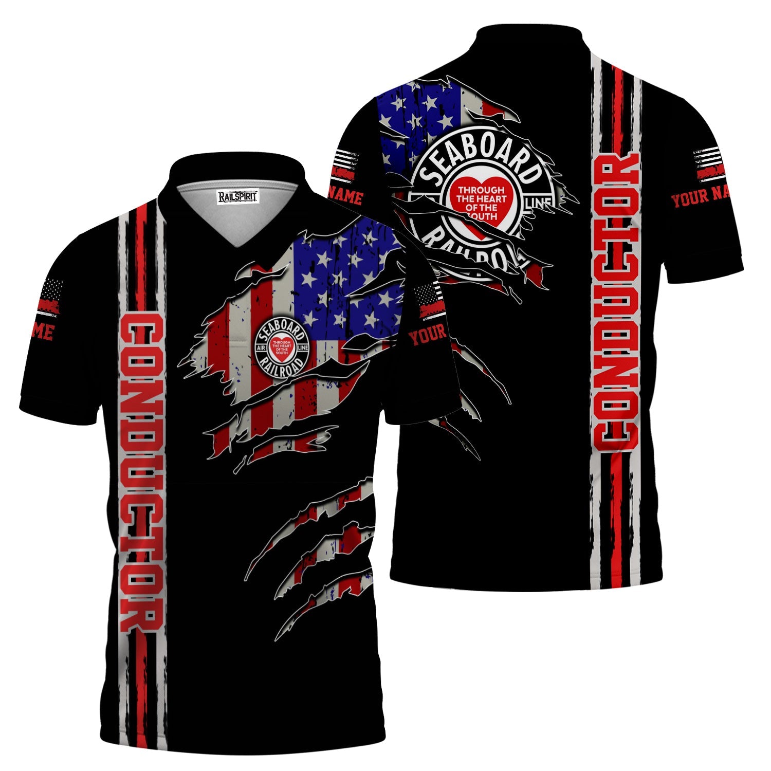Railspirit Personalized Seaboard Air Line Railroad Polo Shirt USA Flag Claw Art with Custom Job Train Shirt