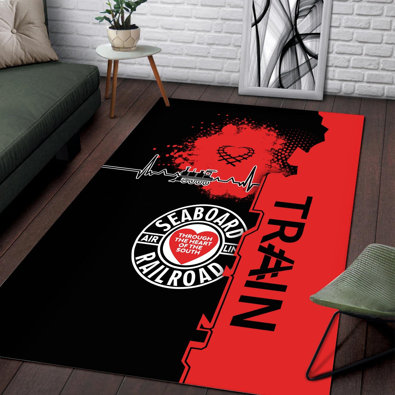 Railspirit Seaboard Air Line Railroad Area Rug Engine Heartbeat and Track Love Style Rug Gift Idea For Train Lovers