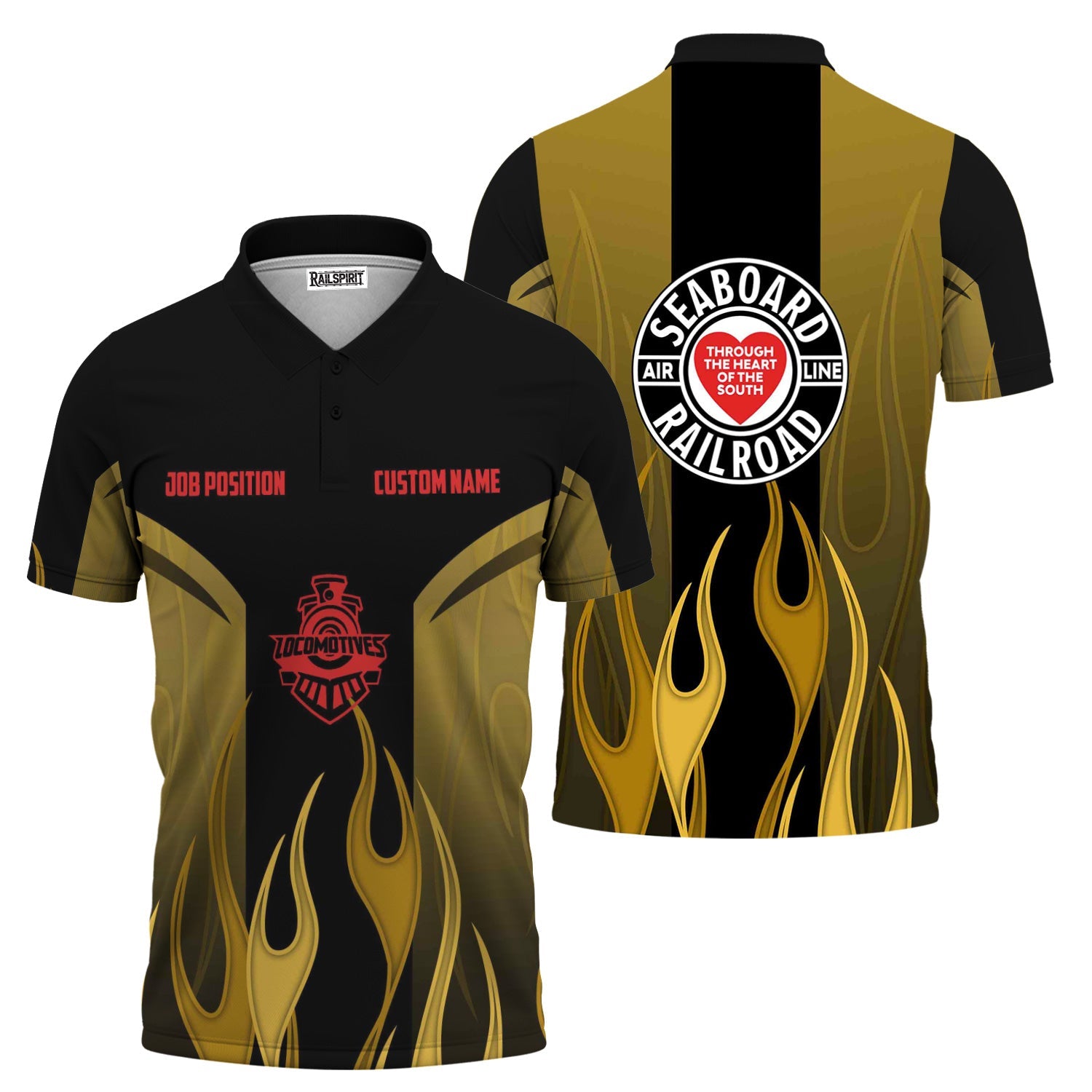 Railspirit Custom Name and Job Title Seaboard Air Line Railroad Polo Shirt Flame Graphic Train Shirt