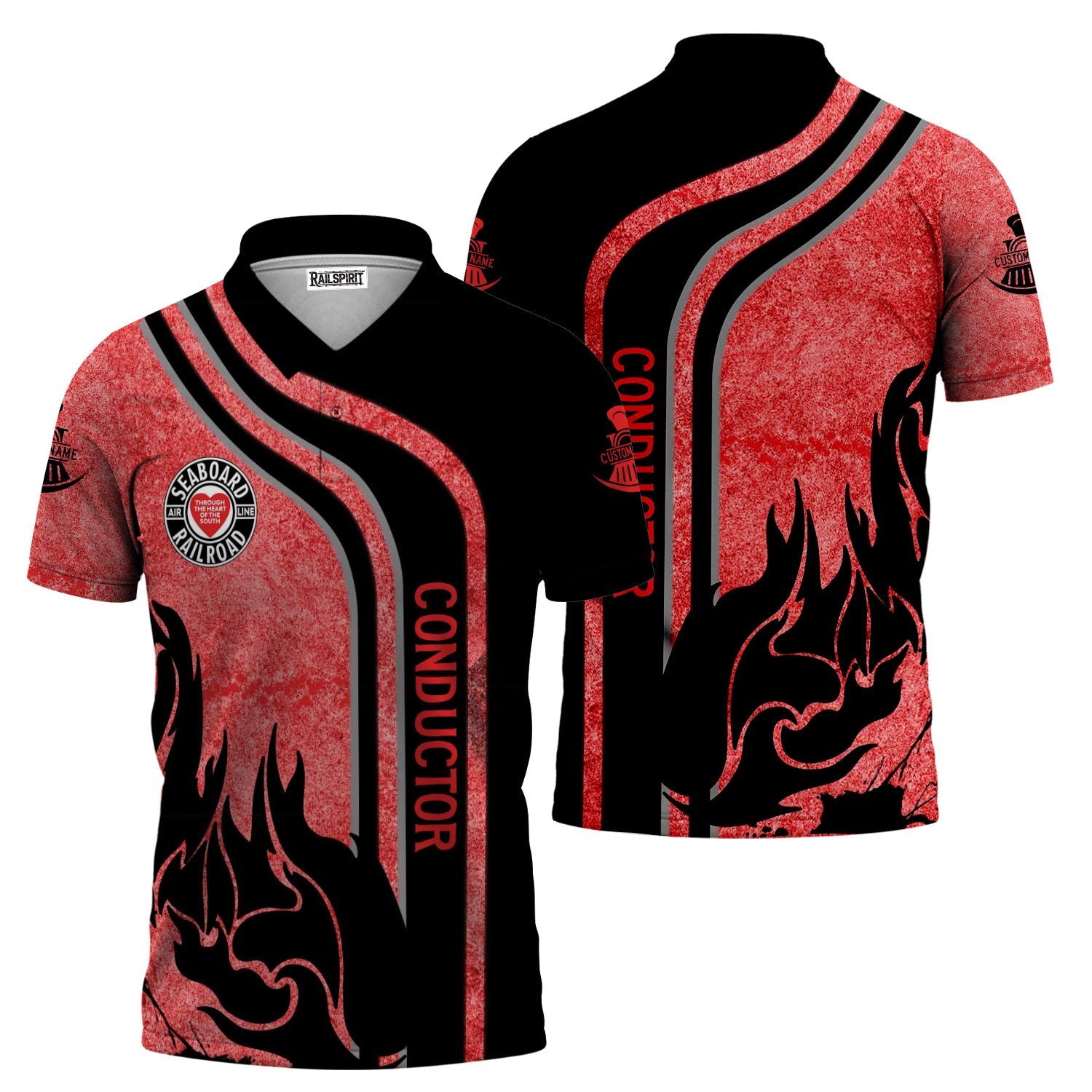 Railspirit Personalized Seaboard Air Line Railroad Polo Shirt Flame Design with Custom Job Position Train Shirt