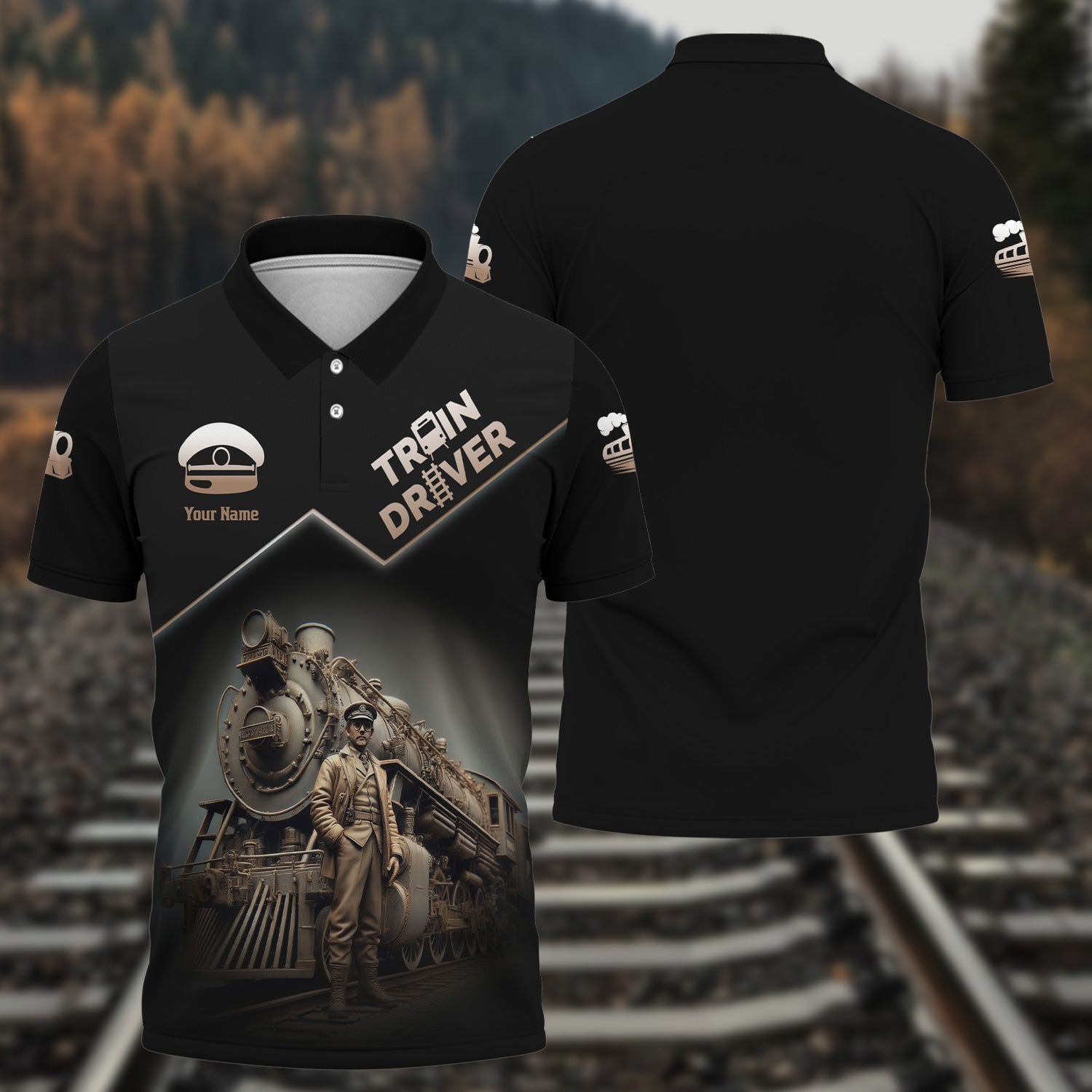 Railspirit Personalized Vintage Steam Train Driver Polo Shirt – Railroad Gift for Train Lovers