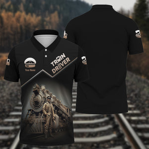 Railspirit Personalized Vintage Steam Train Driver Polo Shirt – Railroad Gift for Train Lovers