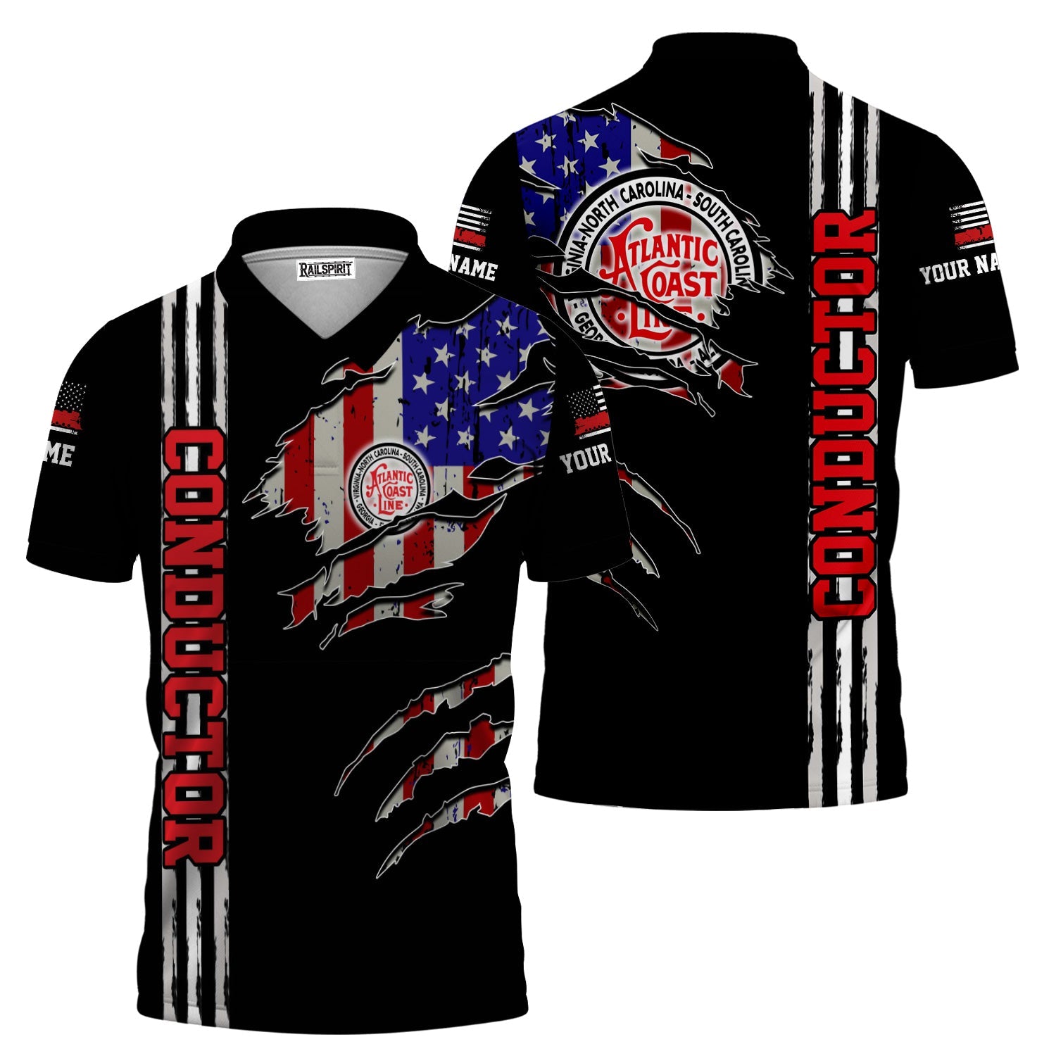 Railspirit Personalized Atlantic Coast Line Railroad Polo Shirt USA Flag Claw Art with Custom Job Train Shirt