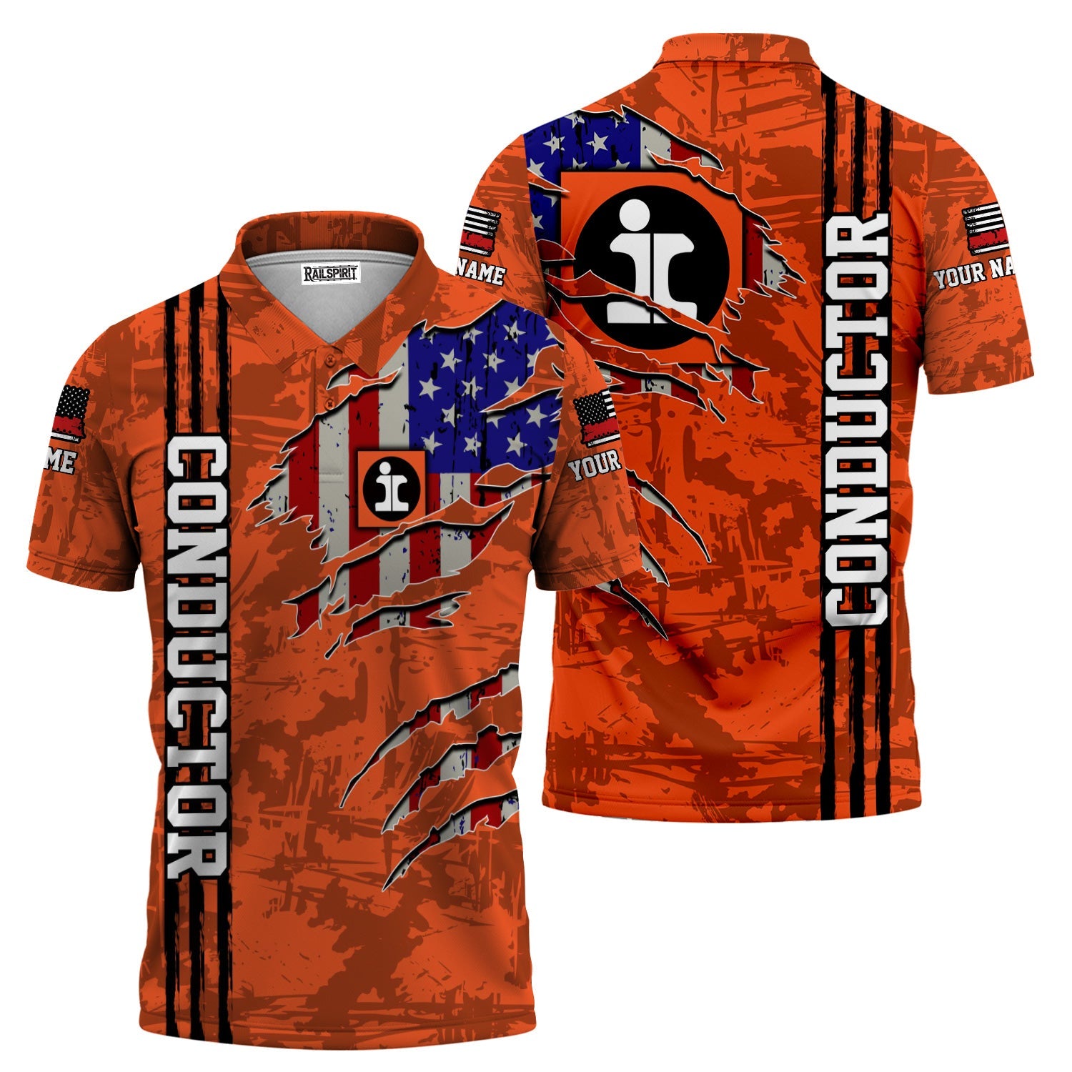 Railspirit Personalized Illinois Central Railroad Polo Shirt USA Flag Claw Art with Custom Job Train Shirt