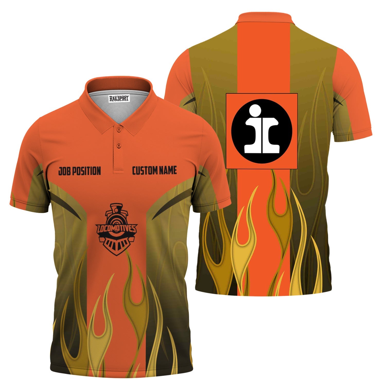 Railspirit Custom Name and Job Title Illinois Central Railroad Polo Shirt Flame Graphic Train Shirt