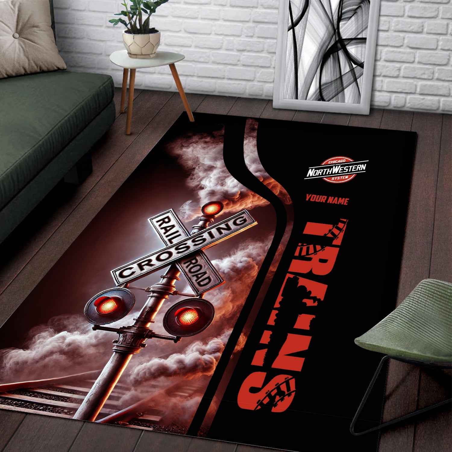 Railspirit Personalized Chicago and North Western Railway Area Rug Railroad Crossing Sign Rug All Over Print