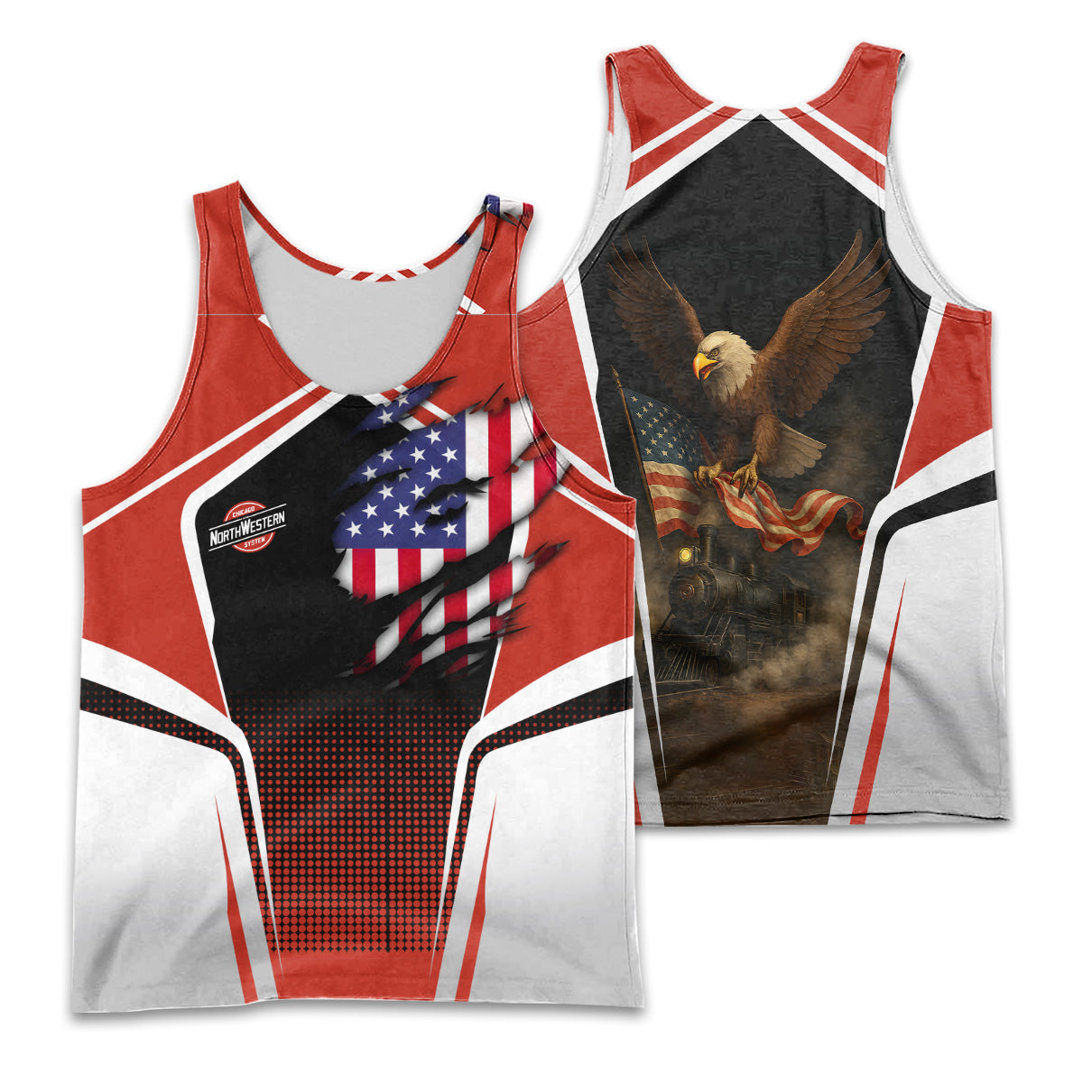Railspirit Personalized Chicago and North Western Railway Men Tank Top American Eagle Vintage Train Shirt