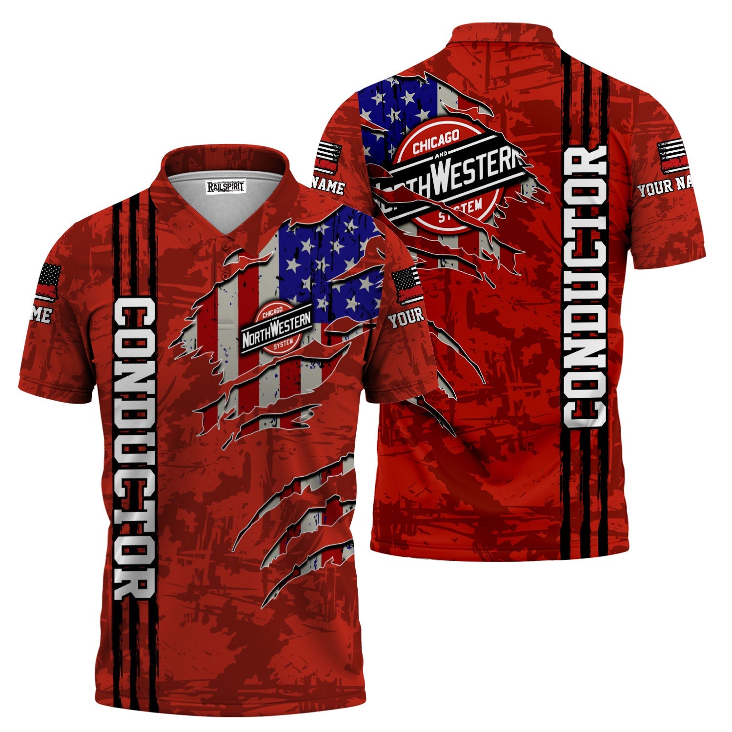 Railspirit Personalized Chicago and North Western Railway Polo Shirt USA Flag Claw Art with Custom Job Train Shirt