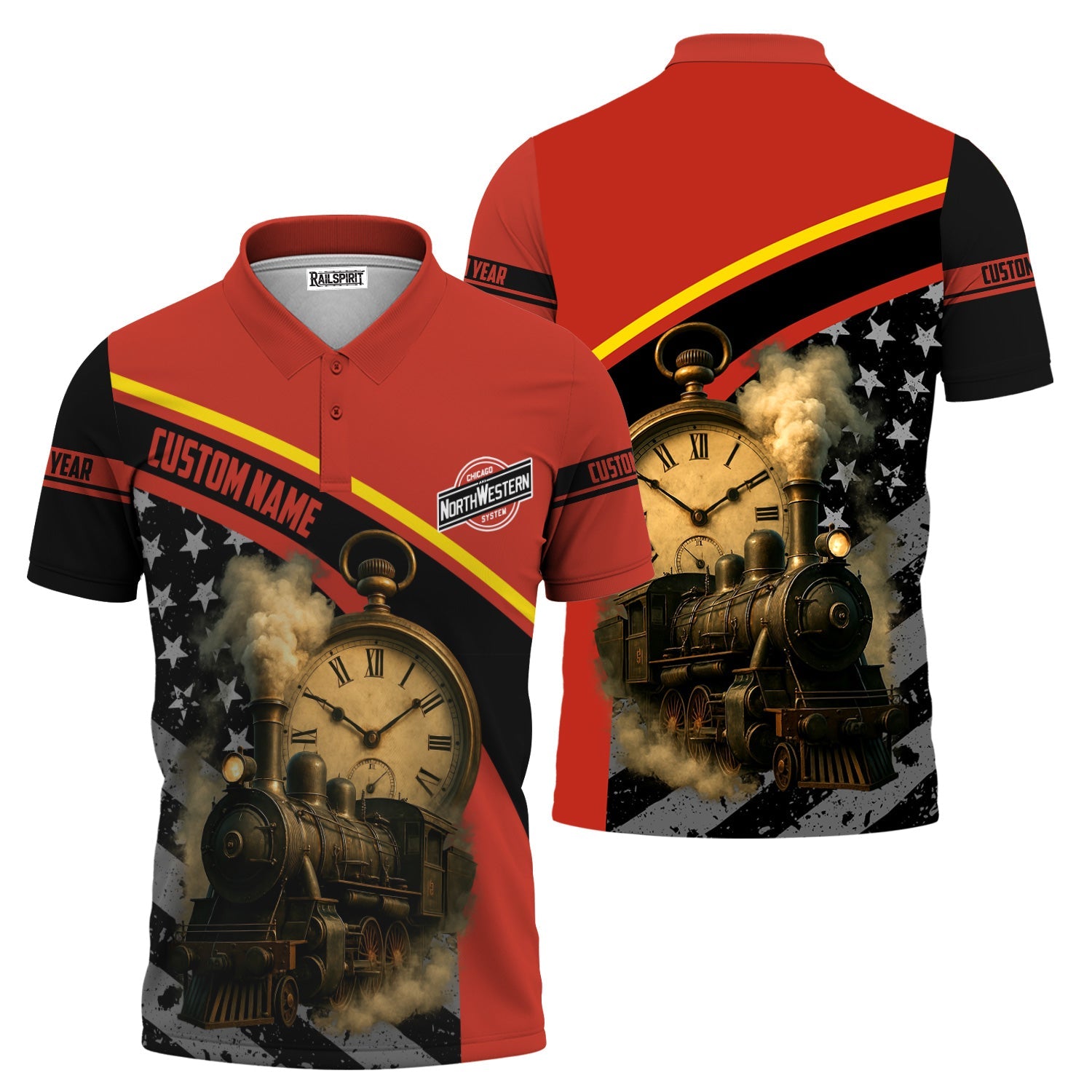 Railspirit Personalized Chicago and North Western Railway Polo Shirt Classic Steam Engine With Retro Pocket Watch Shirt All Over Print