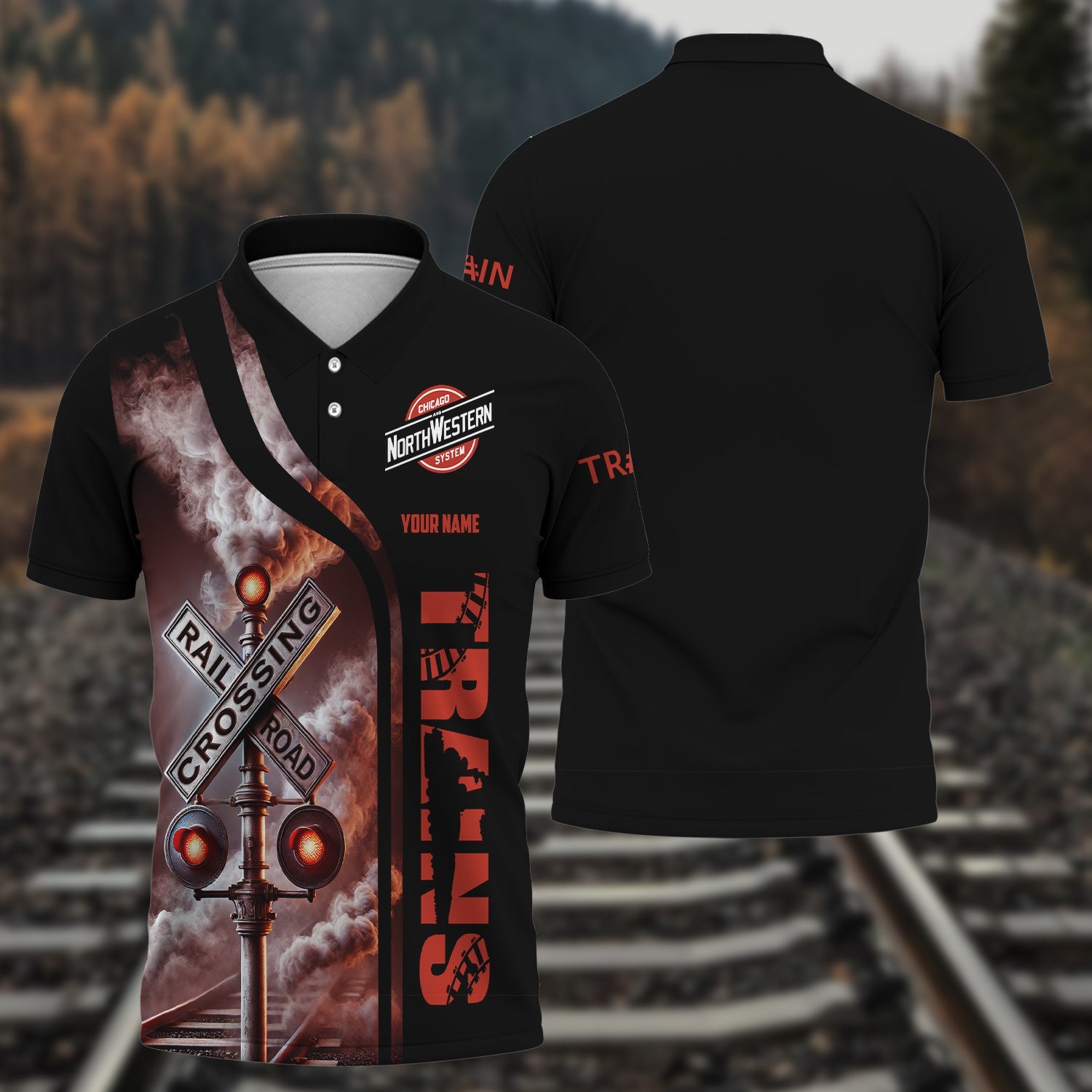 Railspirit Personalized Chicago and North Western Railway Polo Shirt Crossing Railroad Sign American Locomotive Train Shirt All Over Print