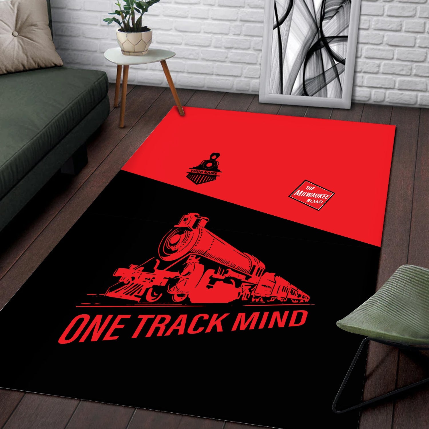 Railspirit Personalized Chicago, Milwaukee, St. Paul and Pacific Railroad Area Rug One Track Mind Milwaukee Road Train Rug Gift Idea For Train Lover