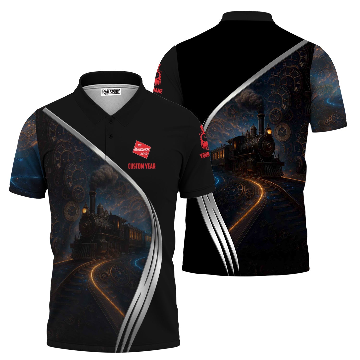 Railspirit Personalized Chicago, Milwaukee, St. Paul and Pacific Railroad Polo Shirt Steampunk Locomotive with Custom Year Milwaukee Road Train Shirt