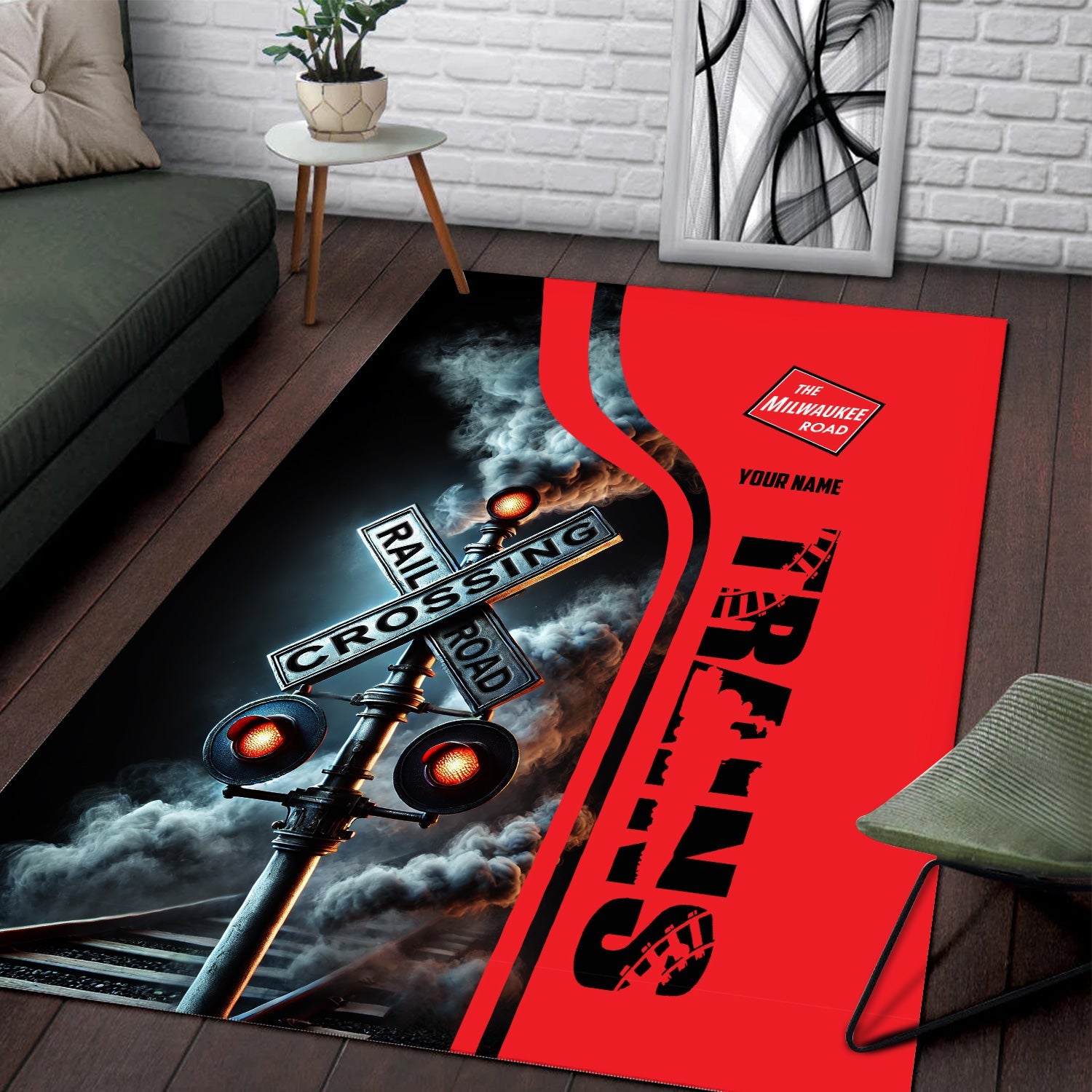 Railspirit Personalized Chicago, Milwaukee, St. Paul and Pacific Railroad Area Rug Railroad Crossing Sign Milwaukee Road Rug All Over Print