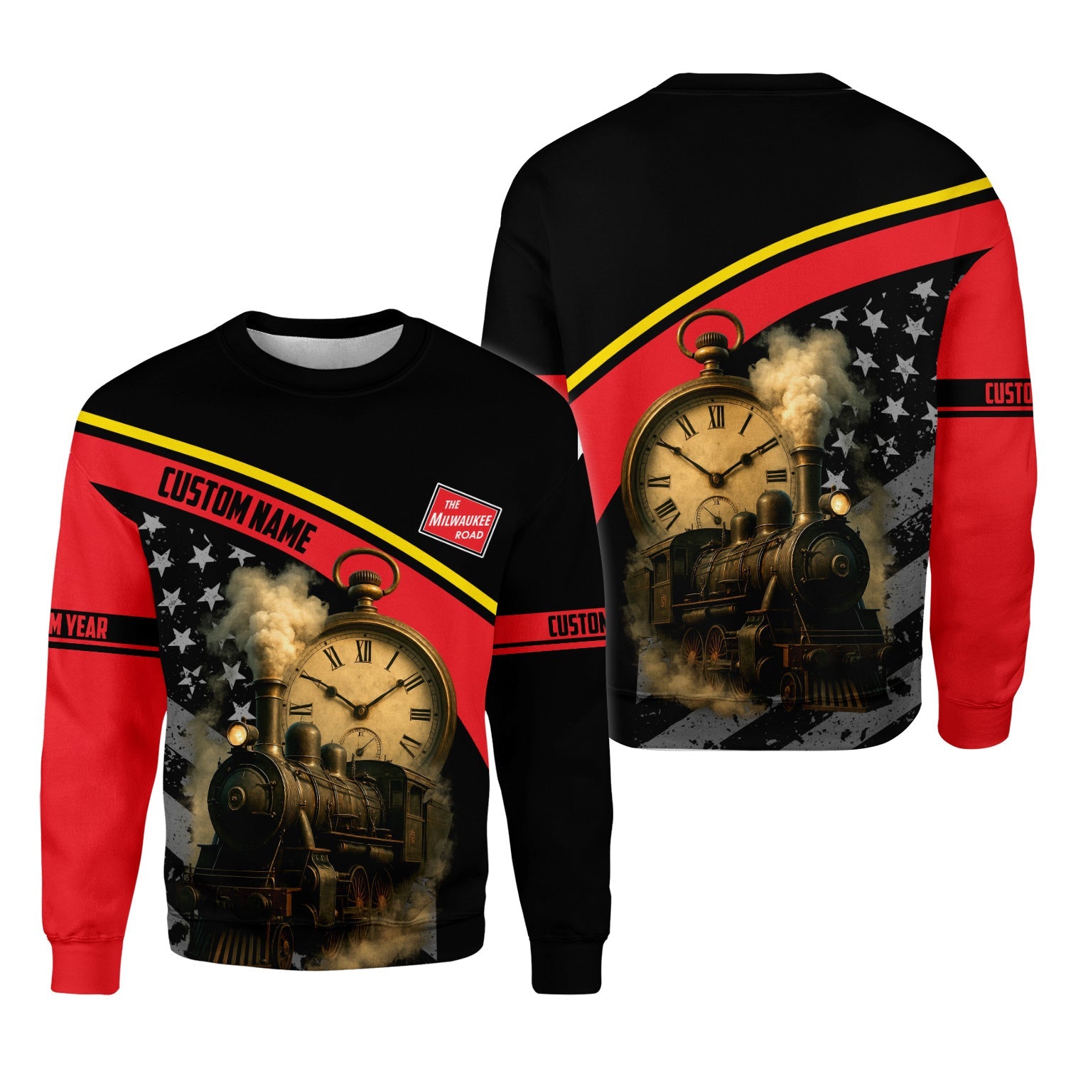 Railspirit Personalized Chicago, Milwaukee, St.Paul and Pacific Railroad Sweatshirt Classic Steam Engine With Retro Pocket Watch Milwaukee Road Shirt