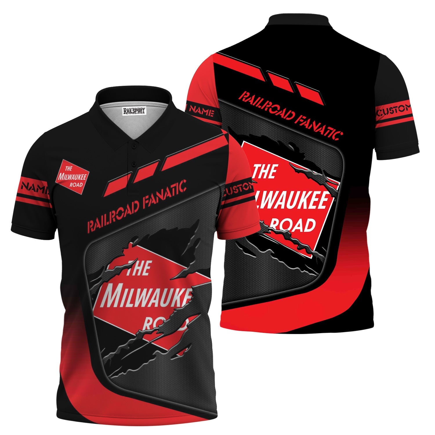 Railspirit Personalized Chicago, Milwaukee, St. Paul and Pacific Railroad Polo Shirt Ripped Texture Style Milwaukee Road Train Shirt