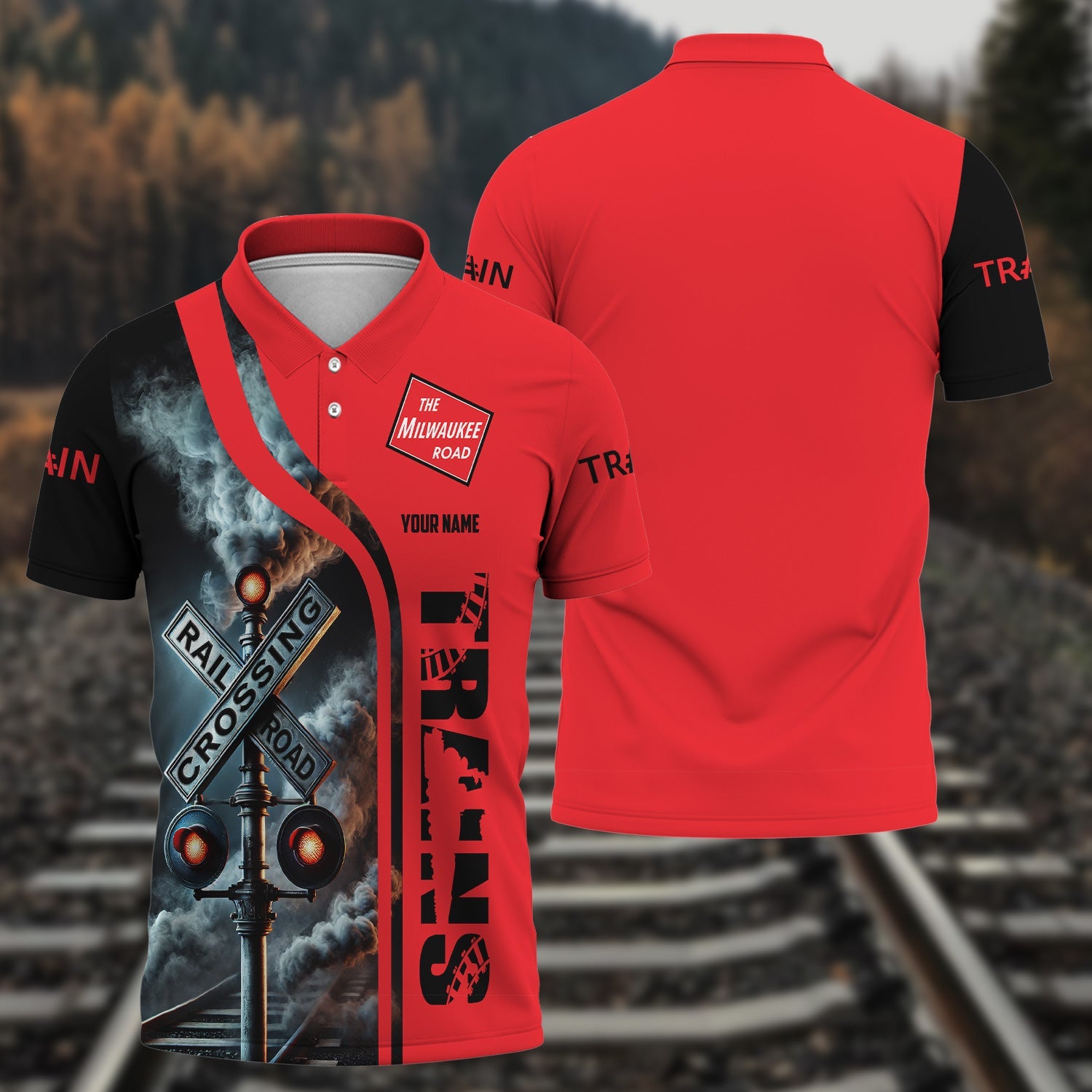 Railspirit Personalized Chicago, Milwaukee, St. Paul and Pacific Railroad Polo Shirt Crossing Railroad Sign American Locomotive Train Shirt