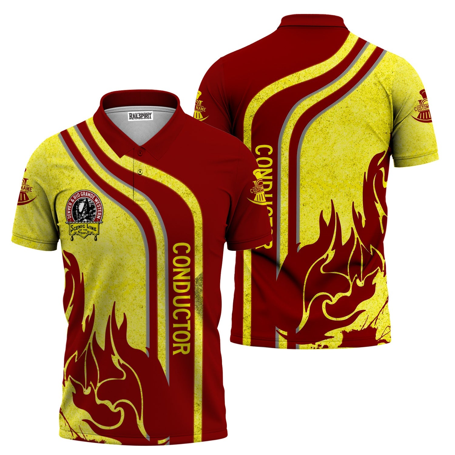 Railspirit Personalized Denver and Rio Grande Western Railroad Polo Shirt Flame Design with Custom Job Position Train Shirt