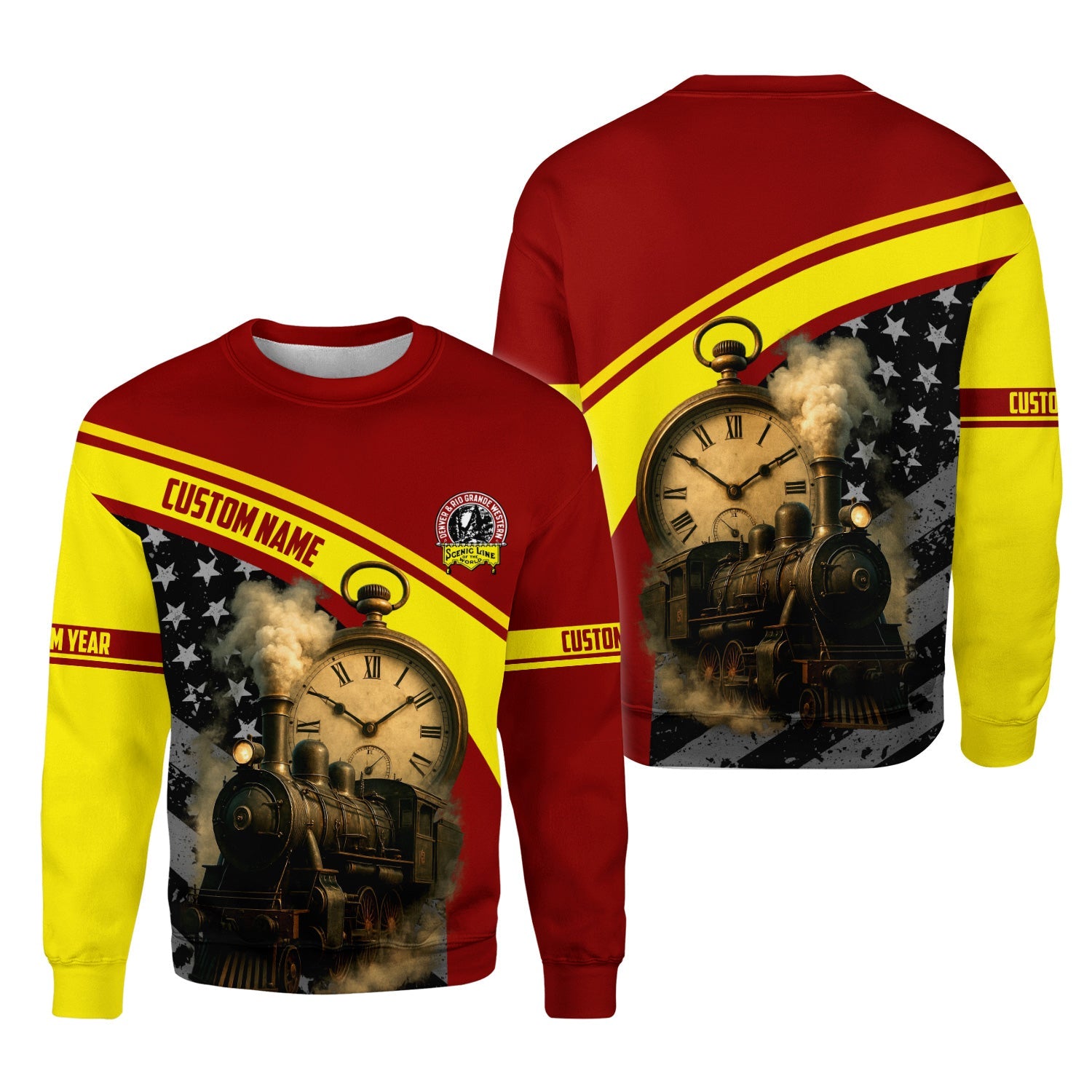 Railspirit Personalized Denver and Rio Grande Western Railroad Sweatshirt Classic Steam Engine With Retro Pocket Watch Shirt All Over Print