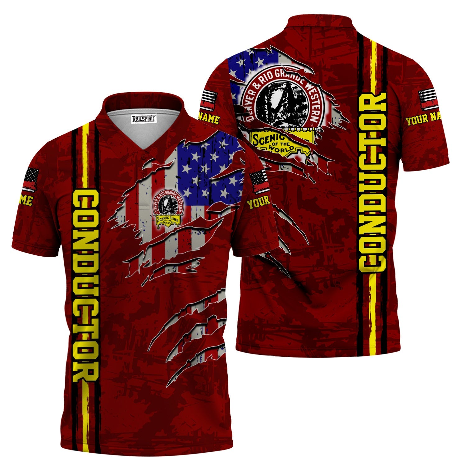 Railspirit Personalized Denver and Rio Grande Western Railroad Polo Shirt USA Flag Claw Art with Custom Job Train Shirt