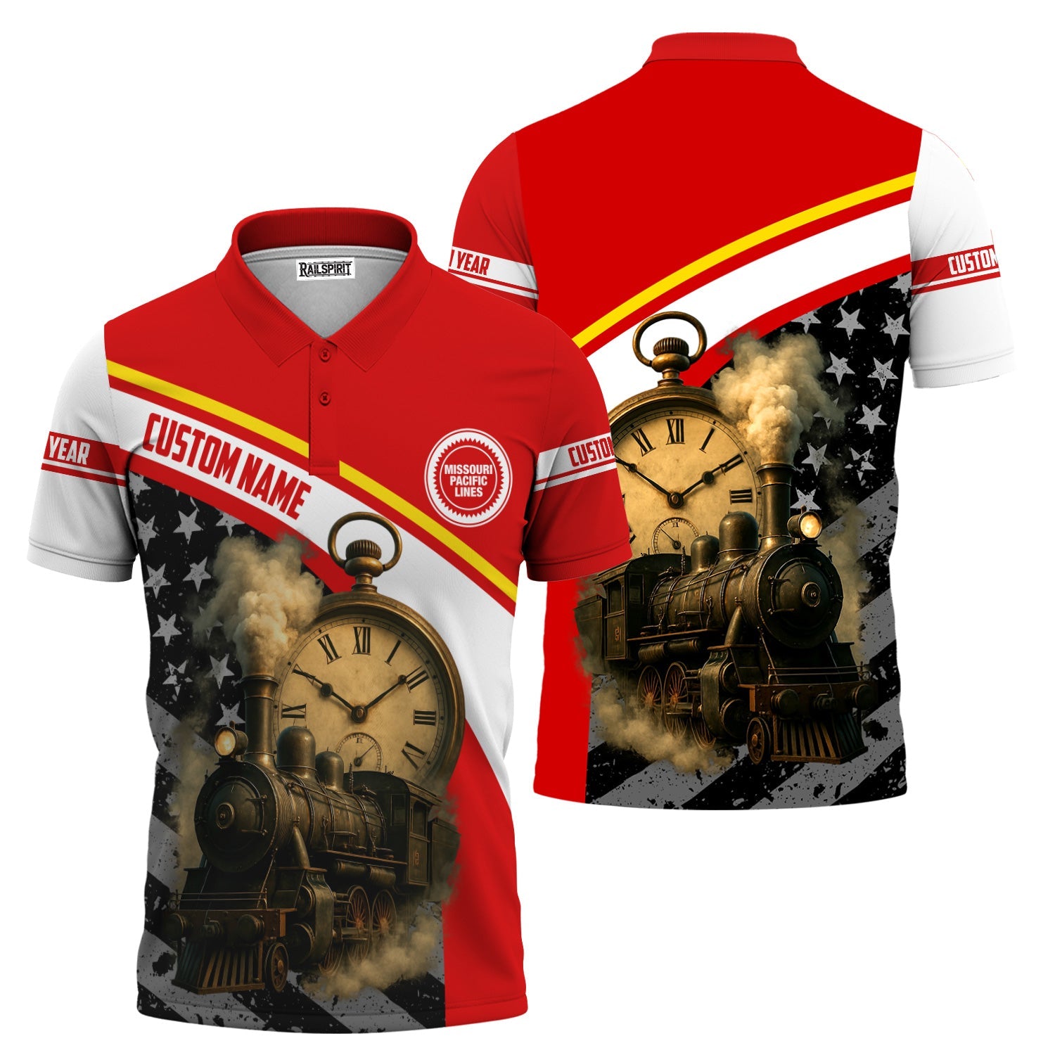 Railspirit Personalized Missouri Pacific Railroad Polo Shirt Classic Steam Engine With Retro Pocket Watch Shirt All Over Print