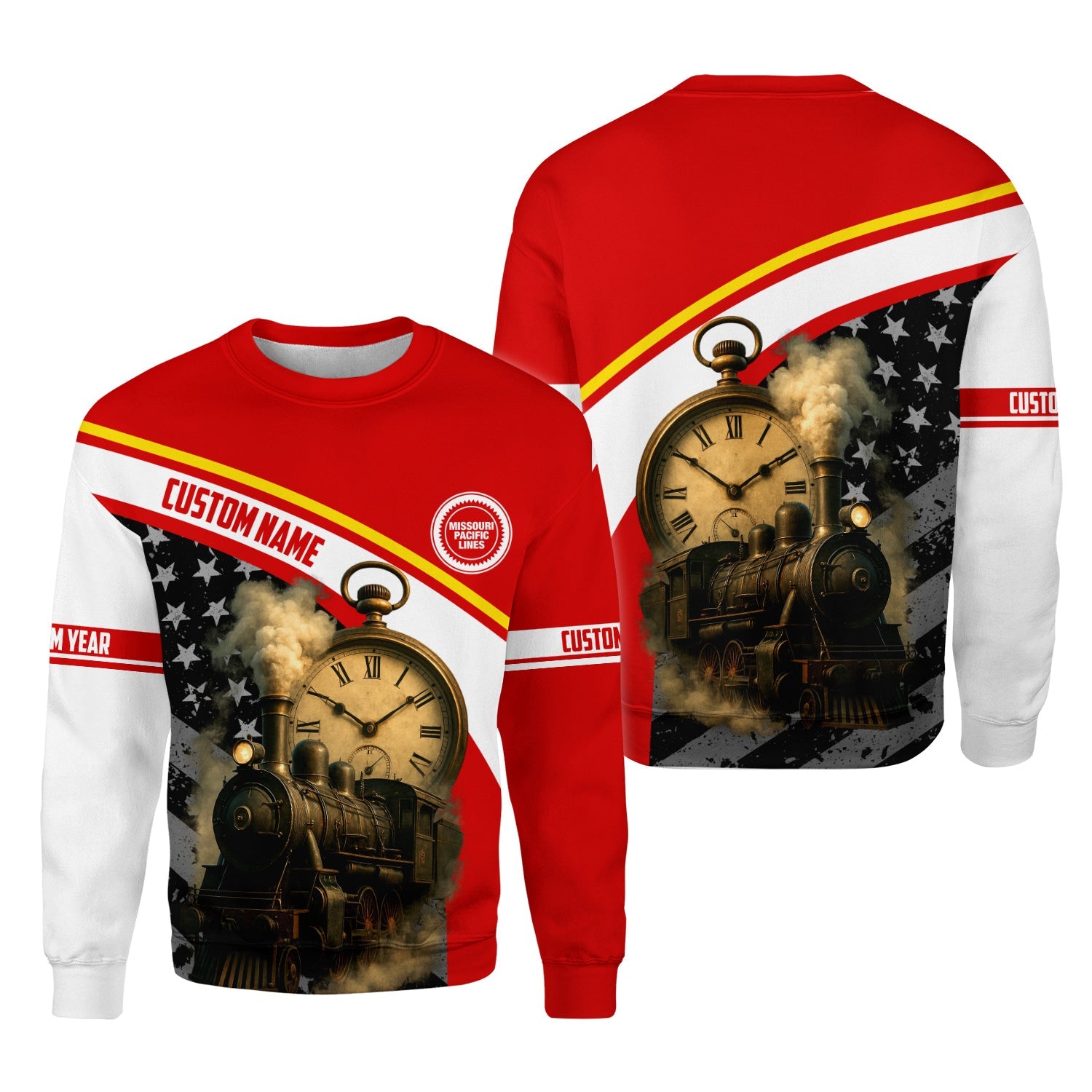 Railspirit Personalized Missouri Pacific Railroad Sweatshirt Classic Steam Engine With Retro Pocket Watch Shirt All Over Print
