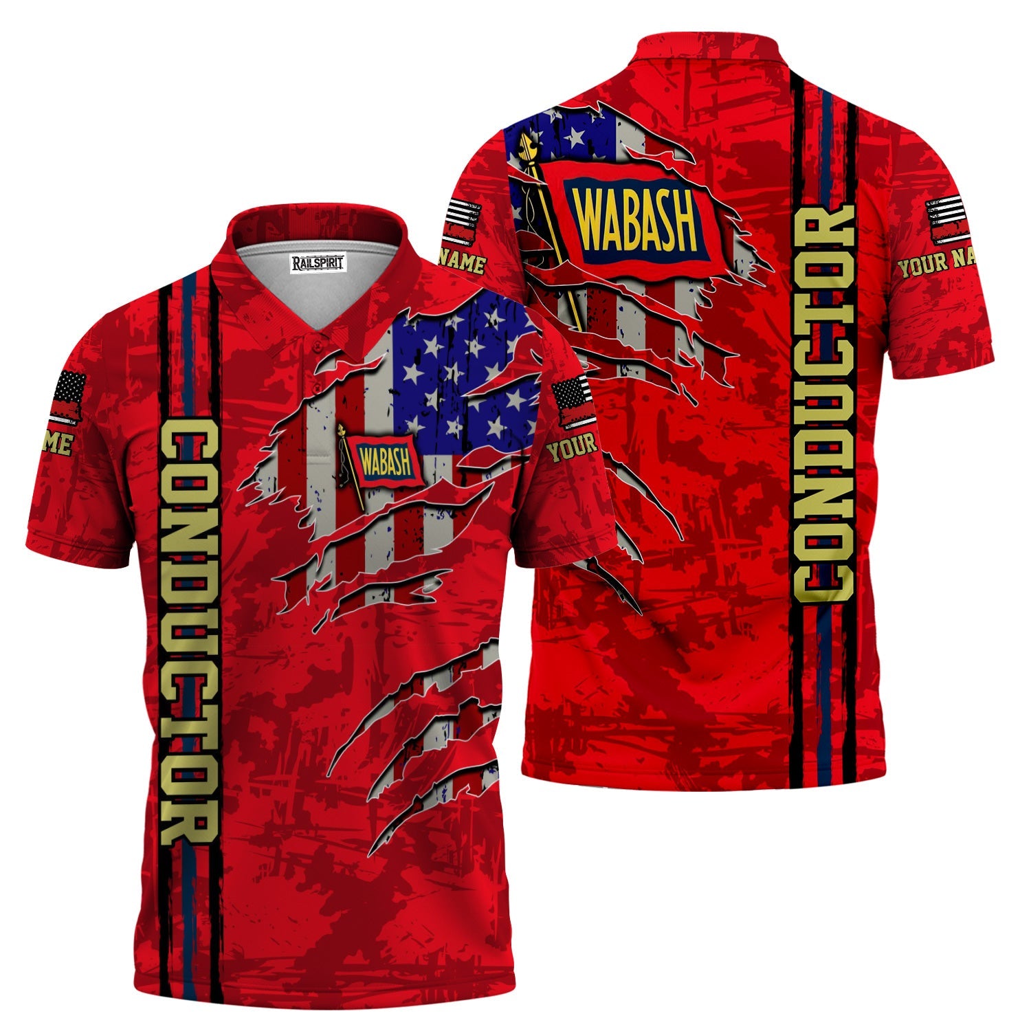 Railspirit Personalized Wabash Railroad Polo Shirt USA Flag Claw Art with Custom Job Train Shirt