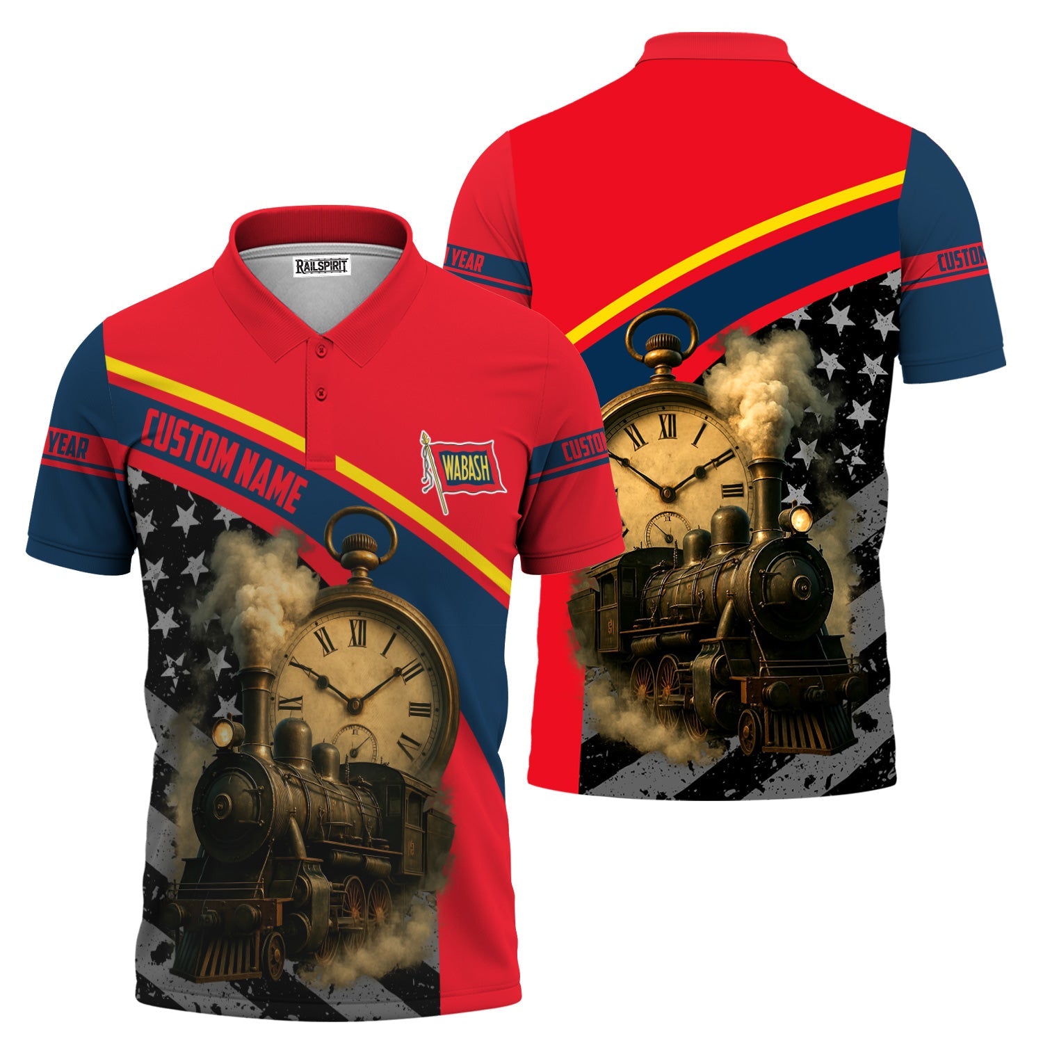 Railspirit Personalized Wabash Railroad Polo Shirt Classic Steam Engine With Retro Pocket Watch Shirt All Over Print