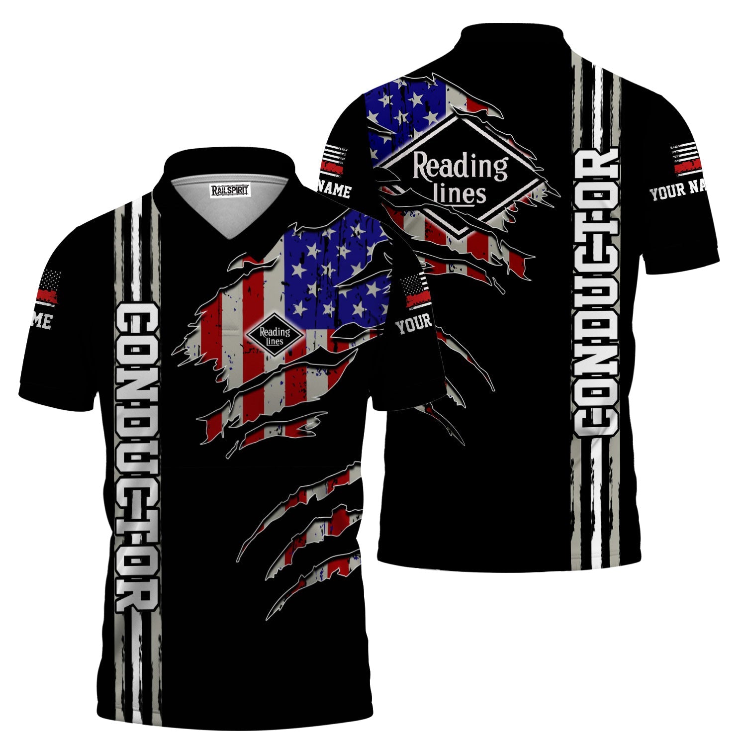 Railspirit Personalized Reading Railroad Polo Shirt USA Flag Claw Art with Custom Job Train Shirt
