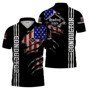 Railspirit Personalized Reading Railroad Polo Shirt USA Flag Claw Art with Custom Job Train Shirt