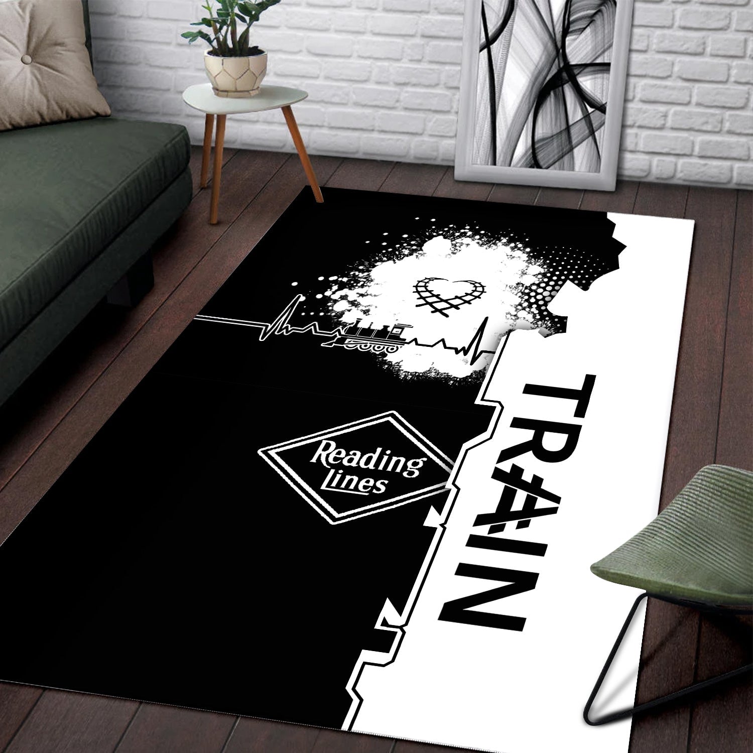 Railspirit Reading Railroad Area Rug Engine Heartbeat and Track Love Style Rug Gift Idea For Train Lovers