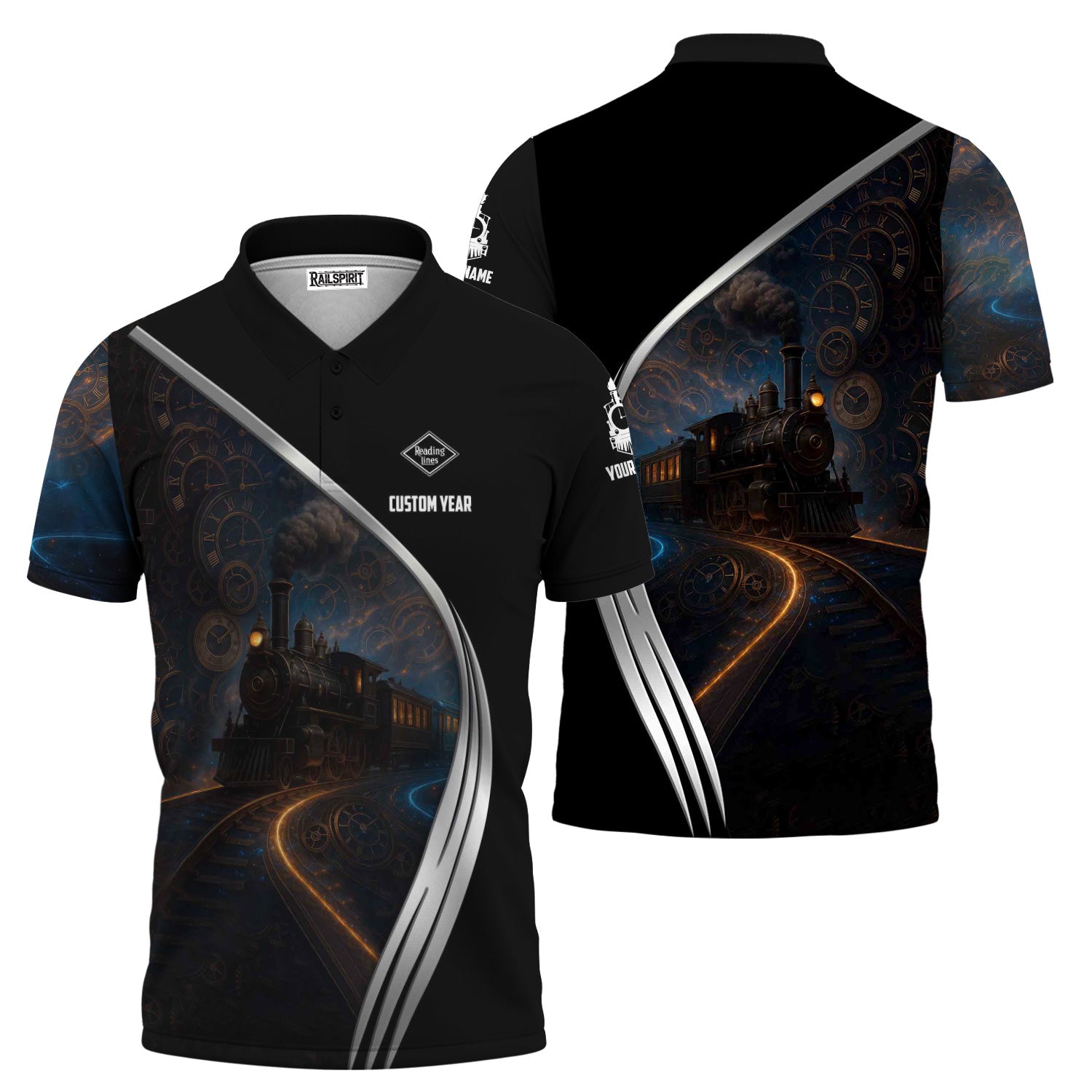 Railspirit Personalized Reading Railroad Polo Shirt Steampunk Locomotive with Custom Year Train Shirt